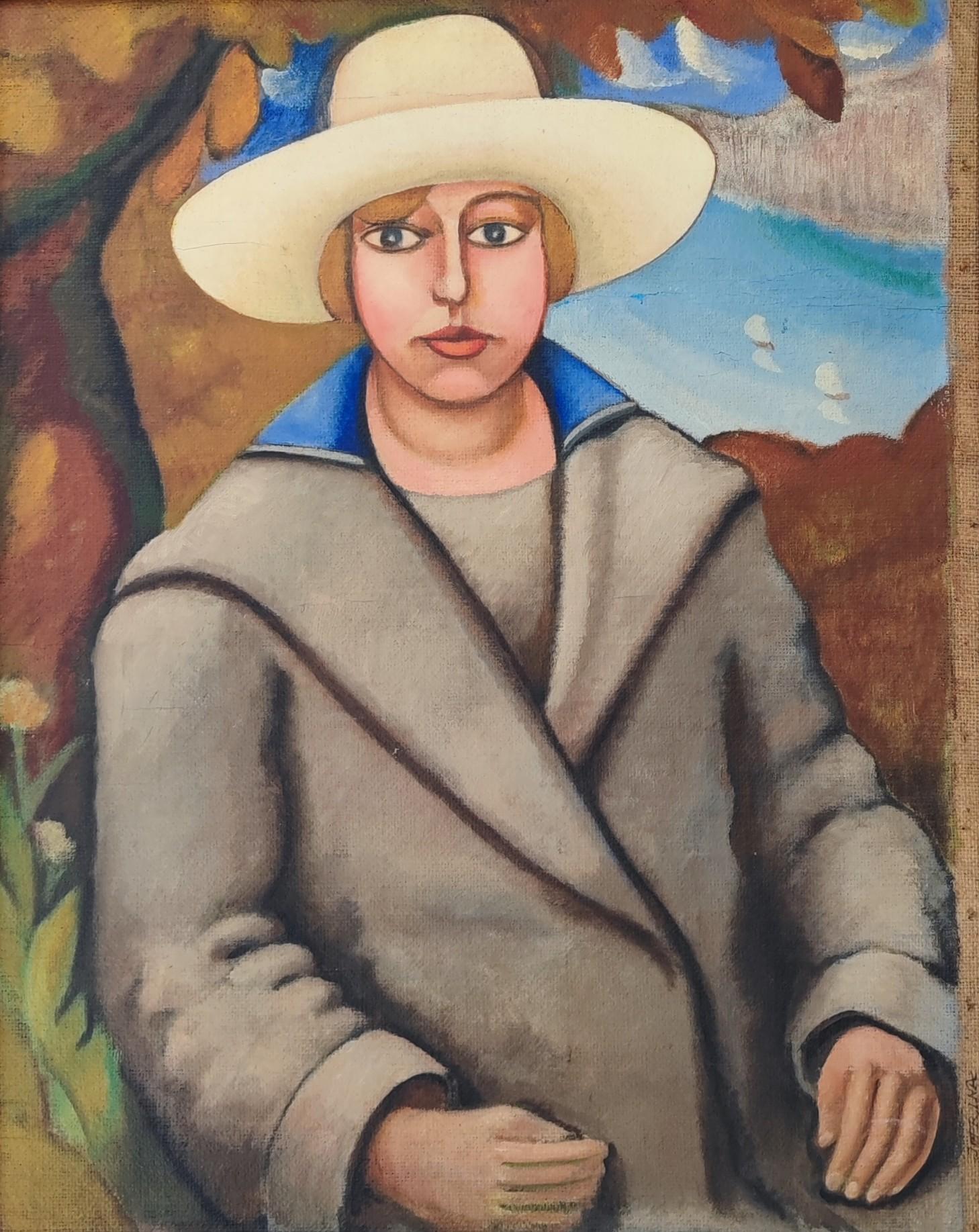 André Julien Prina Figurative Painting - Portrait of a woman in front of a seascape