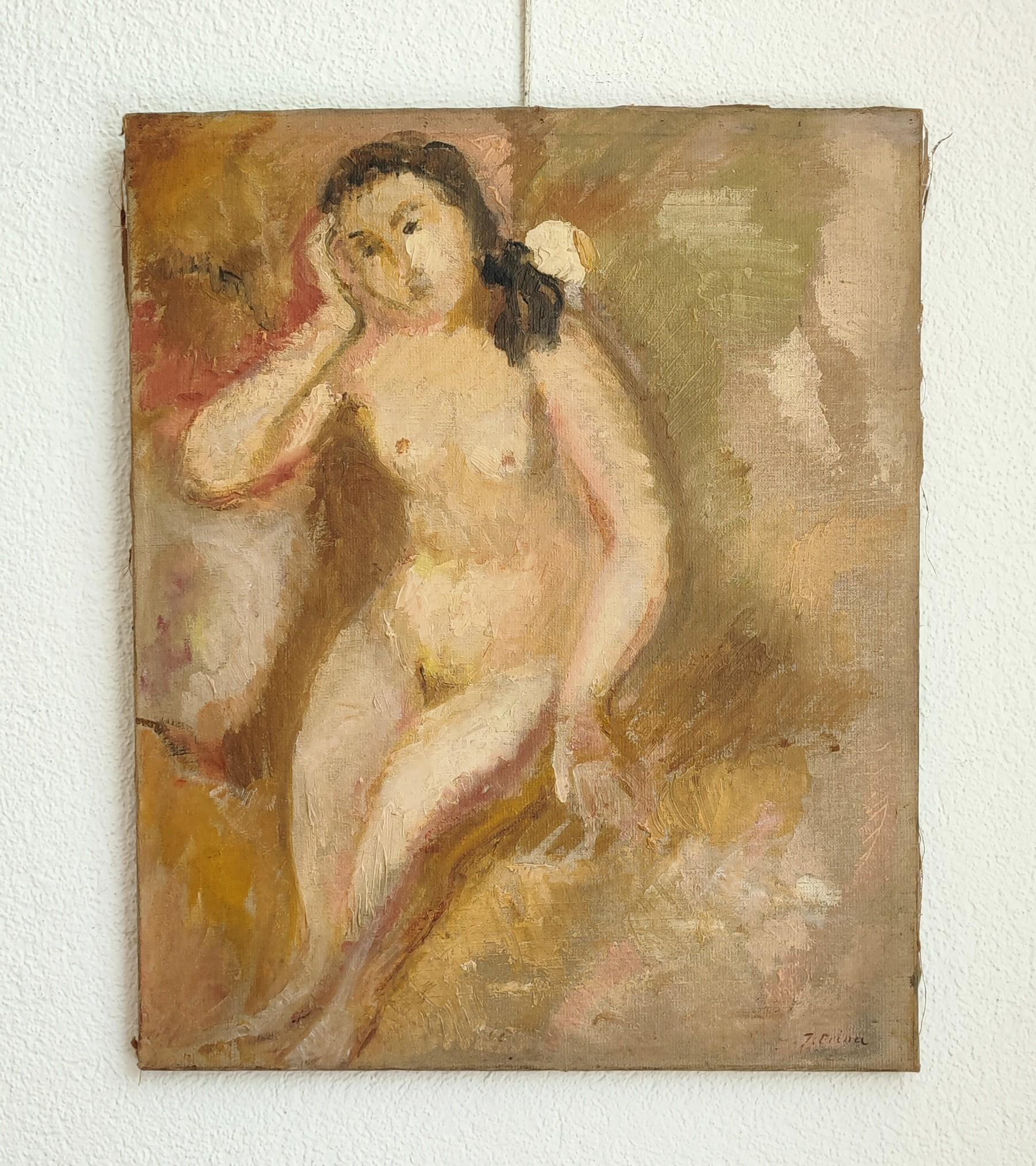 Young woman posing nude - Painting by André Julien Prina
