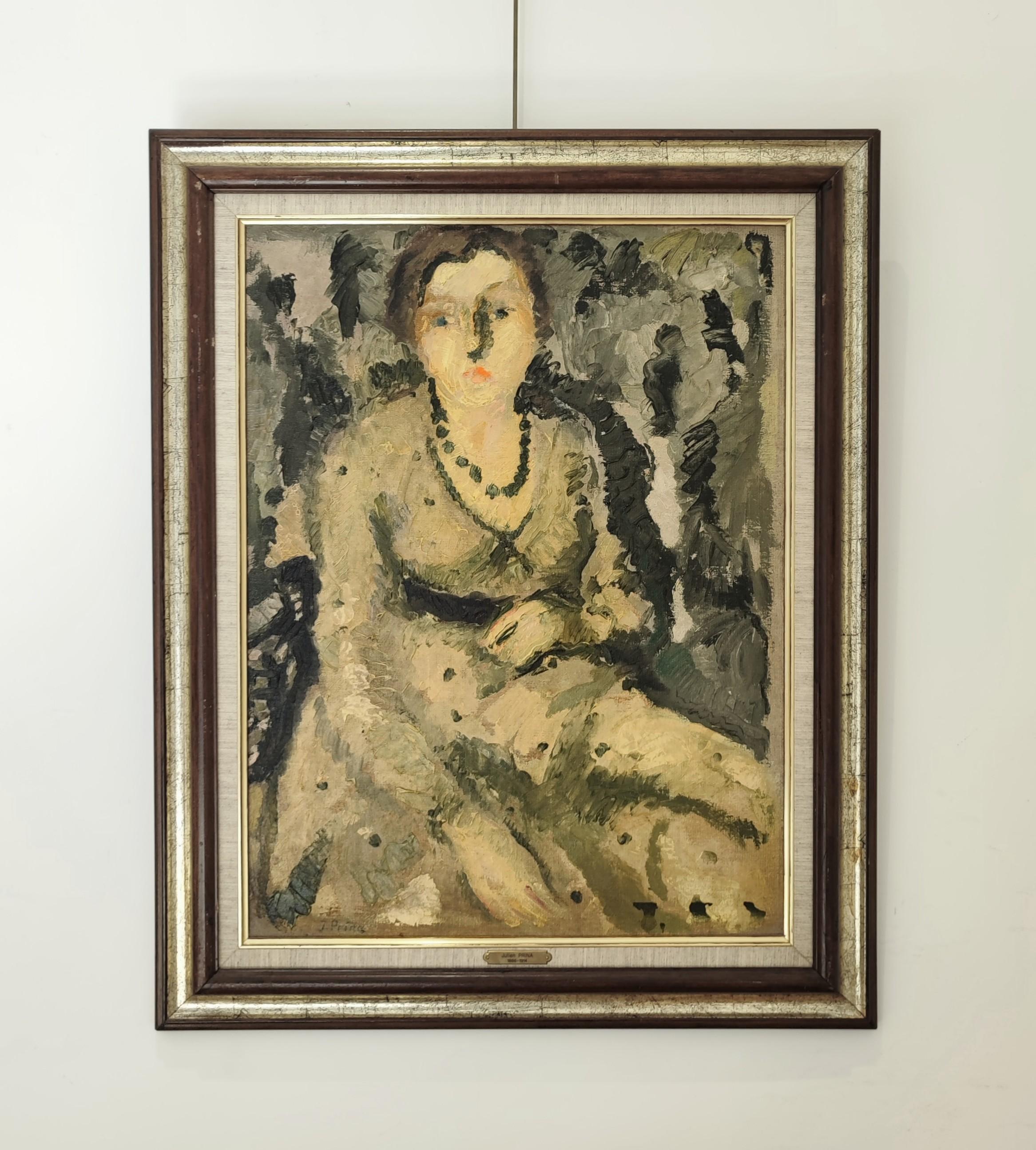 Young woman seated with pearl necklace - Painting by André Julien Prina