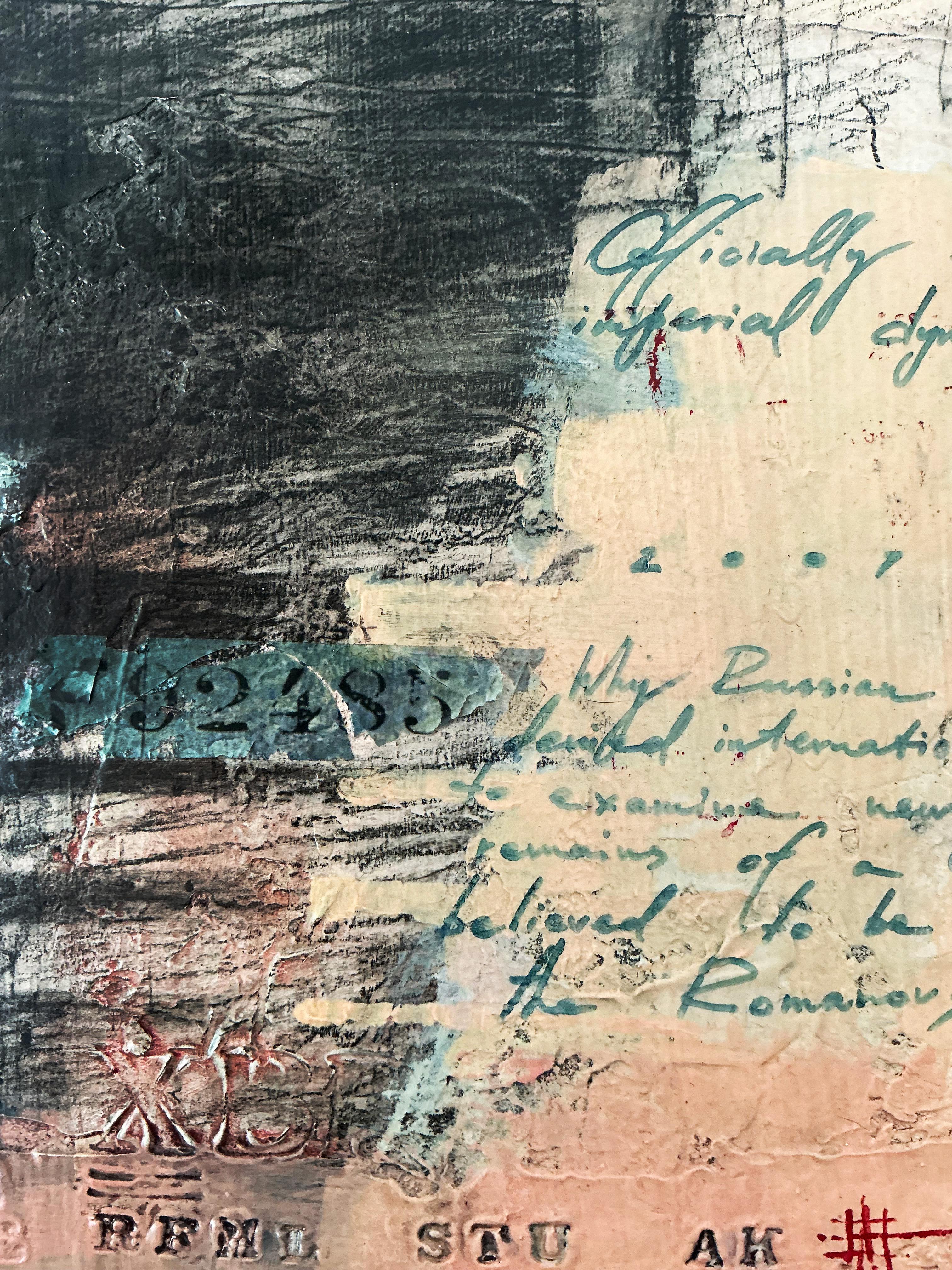 Contemporary mixed media oil/ writing with layered texture, photographs & wax For Sale 7