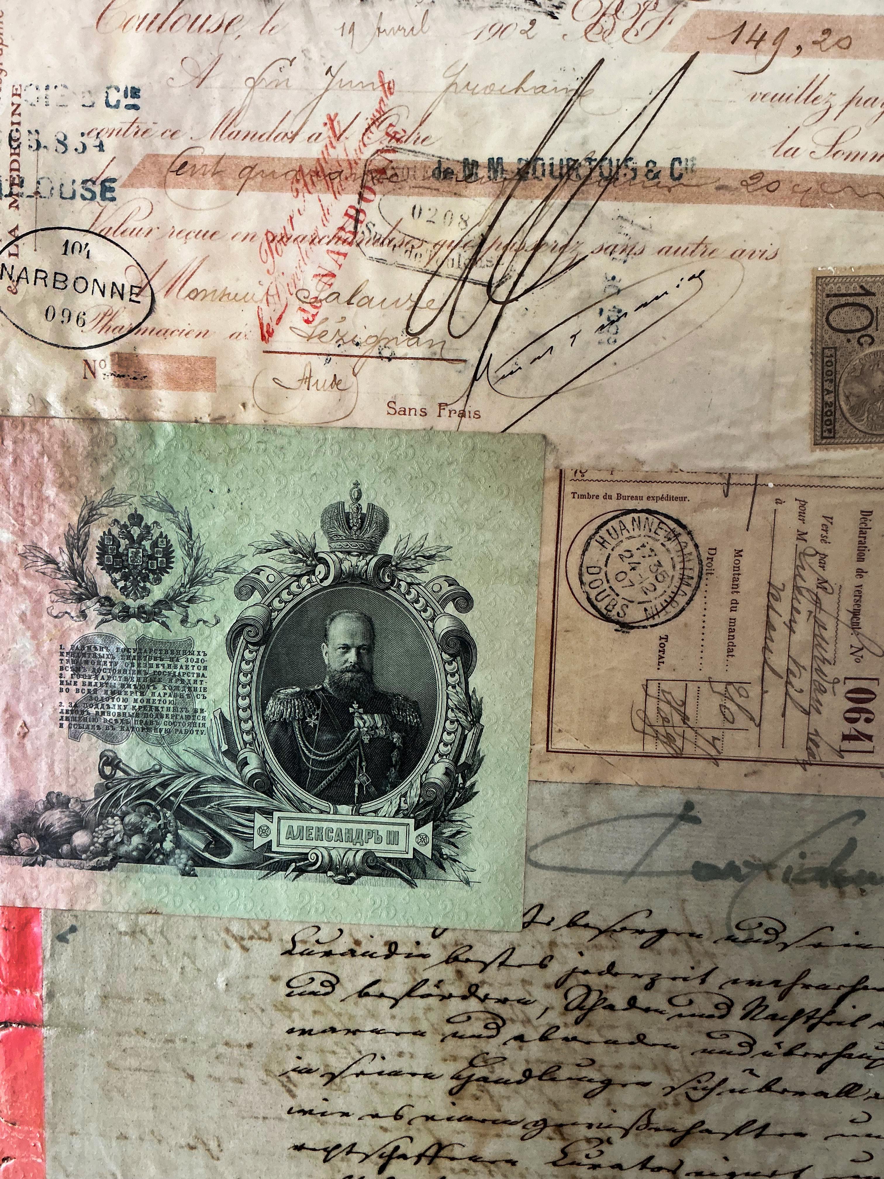 Contemporary mixed media oil/ writing with layered texture, photographs & wax For Sale 1