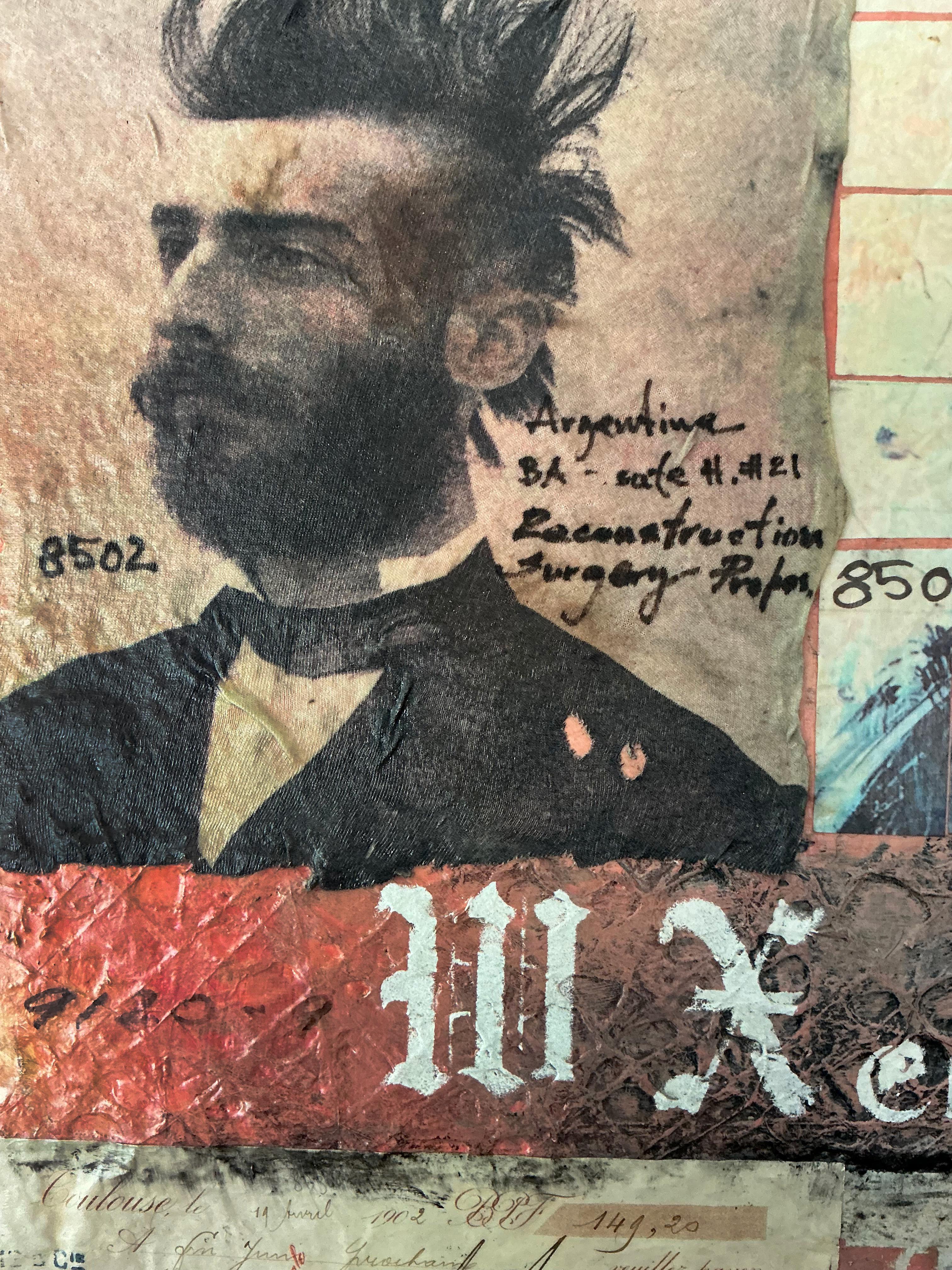 Contemporary mixed media oil/ writing with layered texture, photographs & wax For Sale 3