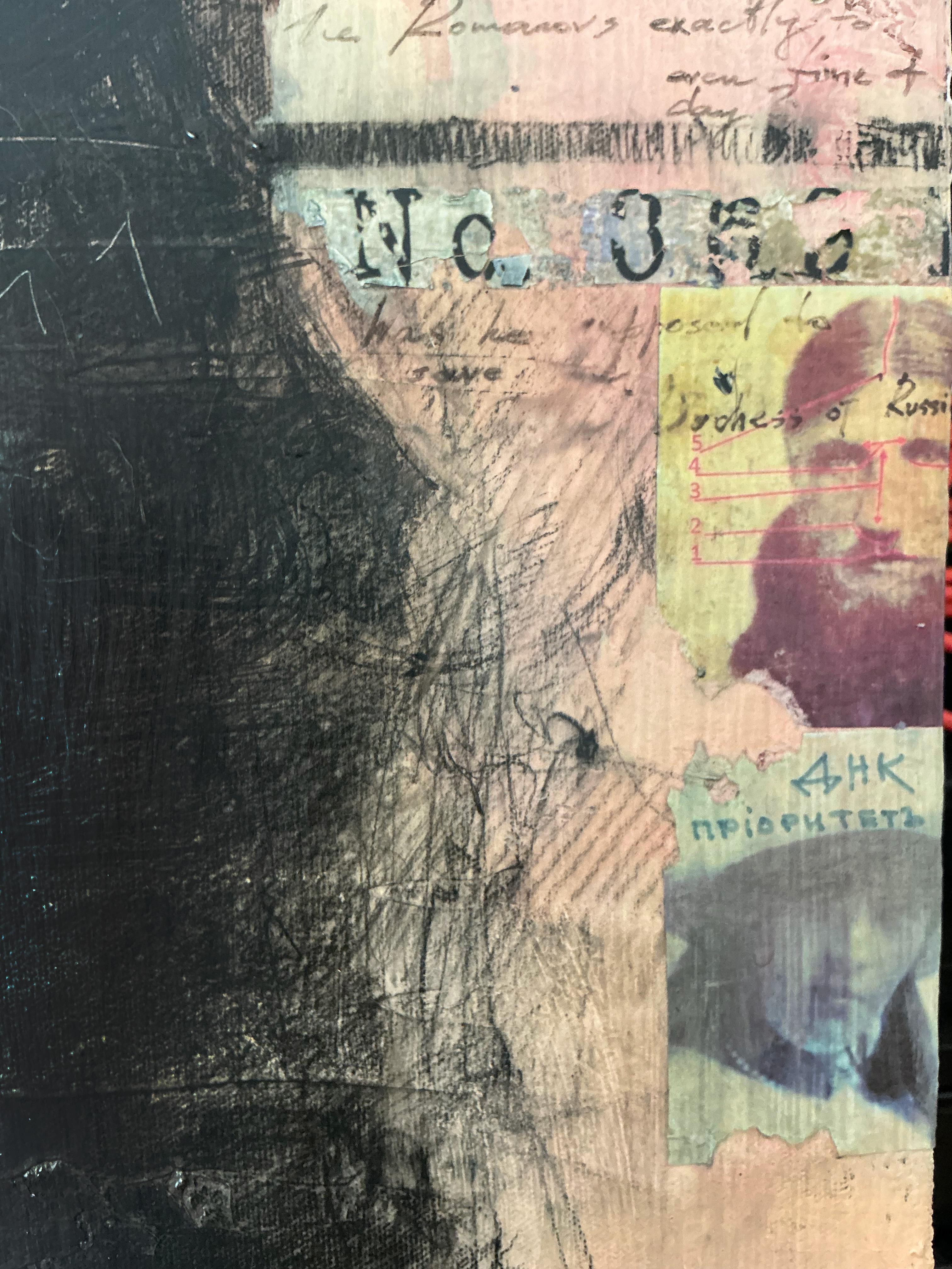 Contemporary mixed media oil/ writing with layered texture, photographs & wax For Sale 5