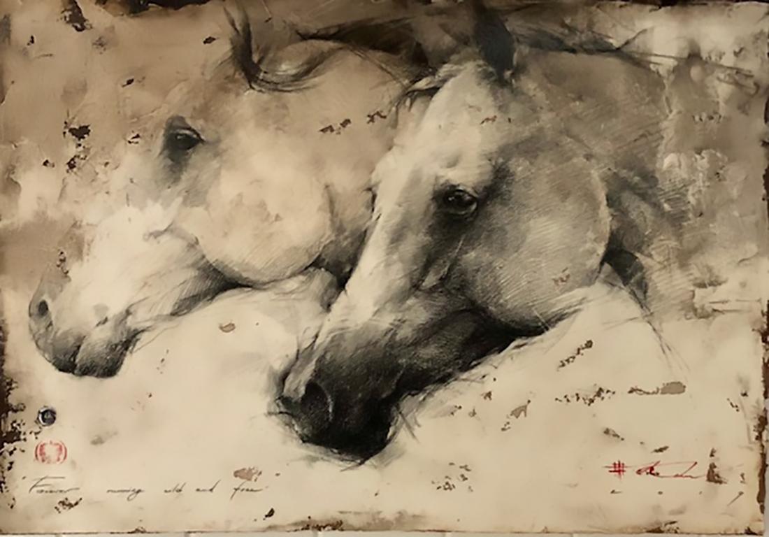 Andre Kohn. "Forever running wild & free" Original Charcoal Drawing. Horses.  - Mixed Media Art by Andre Kohn 
