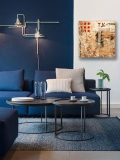 Contemporary Modern Drawing Distressed Abstract Neutral Red Mixed Media 18x18