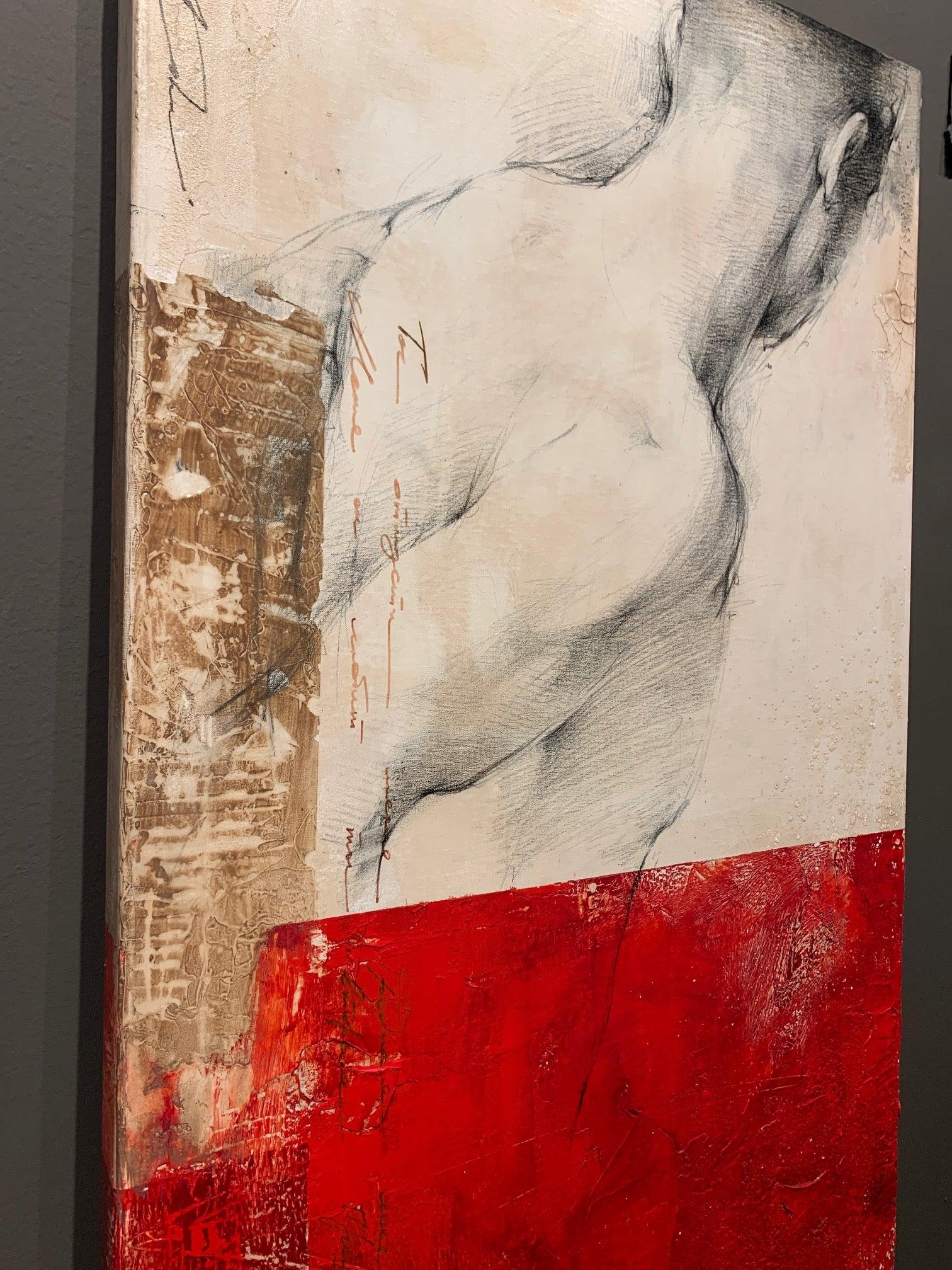 Modern Red Neutral Contemporary Figurative Drawing Male Figure Mixed Media 60x20 - Expressionist Painting by Andre Kohn 