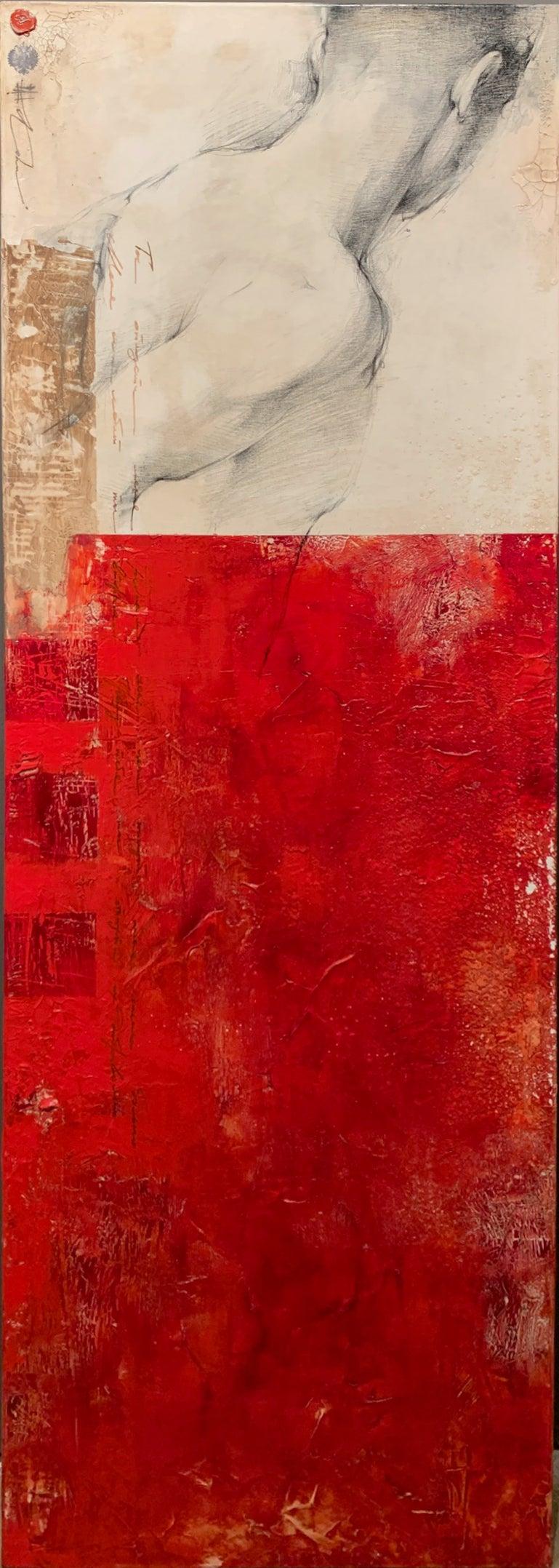 Andre Kohn  Figurative Painting – Modern Rot Neutral Contemporary Figurative Zeichnung Männliche Figur Mixed Media 60x20