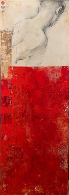 Modern Red Neutral Contemporary Figurative Drawing Male Figure Mixed Media 60x20