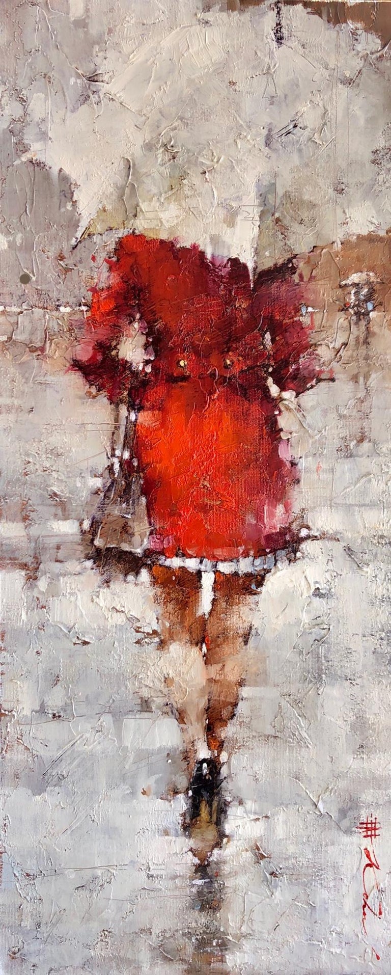 Andre Kohn Original Oil Painting Woman In Red White Umbrella