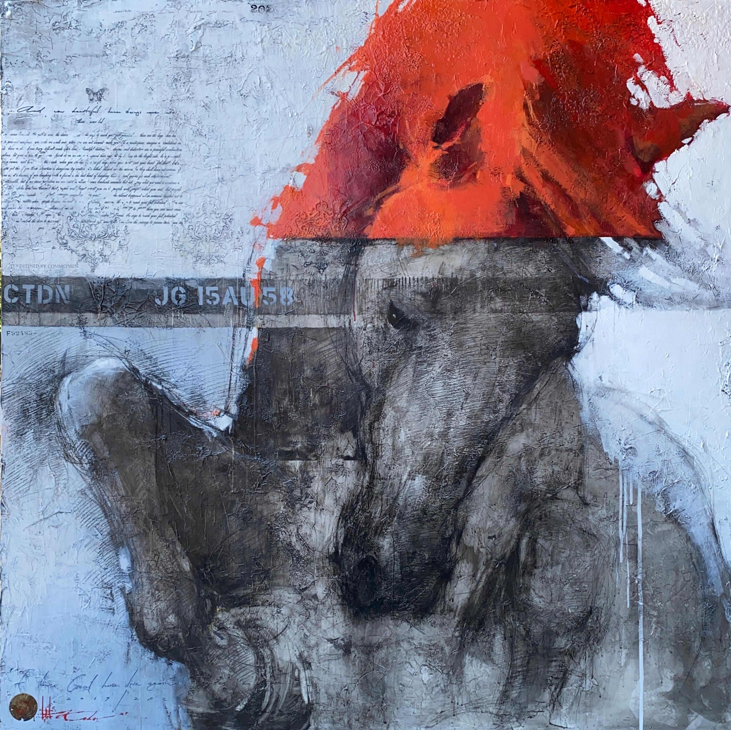 Oversized Fiery Red Gray White Horse Original Modern Contemporary Painting 80x80 - Mixed Media Art by Andre Kohn 