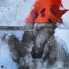 Peinture moderne surdimensionnée d'origine de cheval rouge:: gris et blanc:: 80 x 80 cm