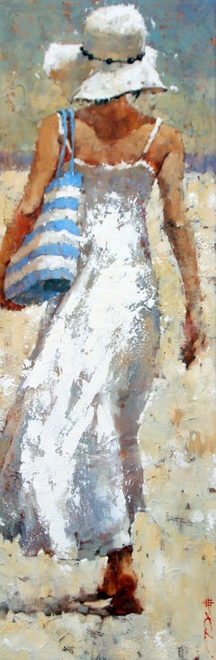 Beach Scene Woman White Hat Long Dress Bag Giclee Print Canvas 36x12 edition 95 