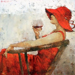 Print Canvas Woman Fiery Red Dress Vibrant Red Hat Wine 48x48, Edition of 95