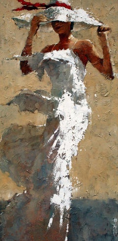 Print Canvas Woman Long White Dress White Hat Red Ribbon 48x24 Edition 95