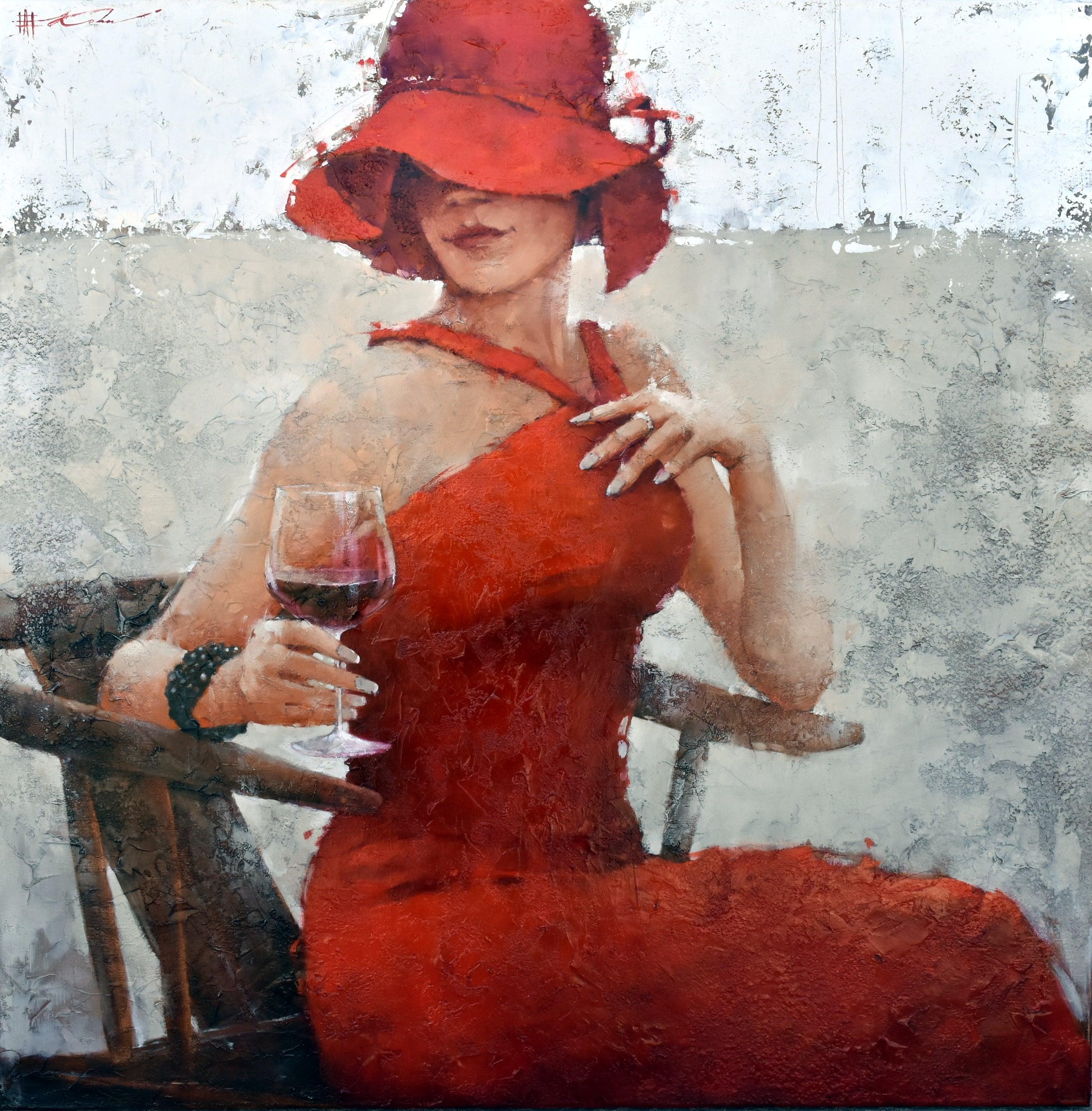 Andre Kohn  Figurative Print - Woman Red Dress Red Hat Wine  Giclee Print Canvas 48x48, Limited Edition of 95 