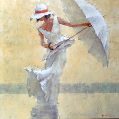 Print Canvas Woman White Summer Dress White Hat White Umbrella Beach Scene 48x48