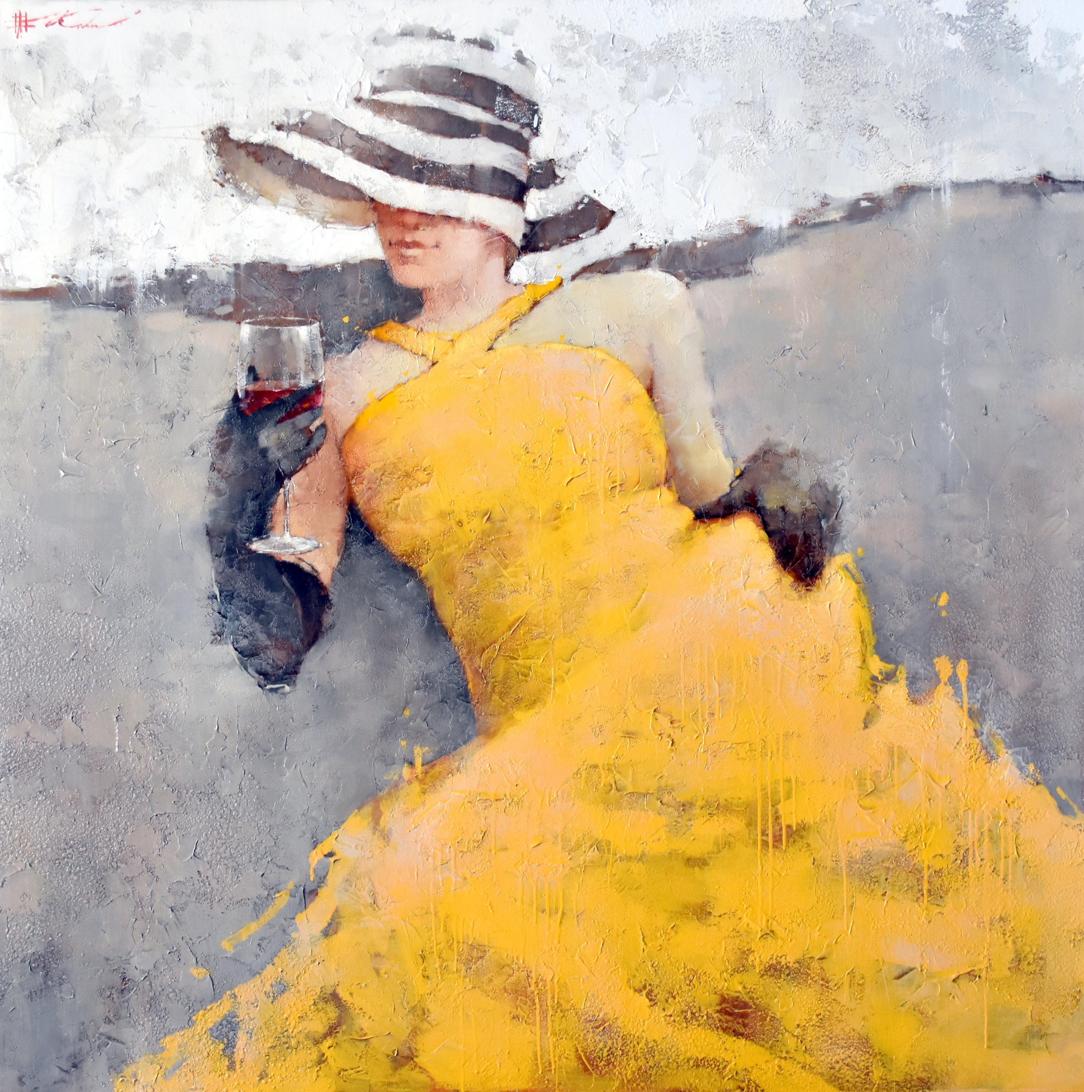 Andre Kohn  Figurative Print - Woman Yellow Dress Striped Hat Black Gloves Red Wine 48x48 Print edition of 95 
