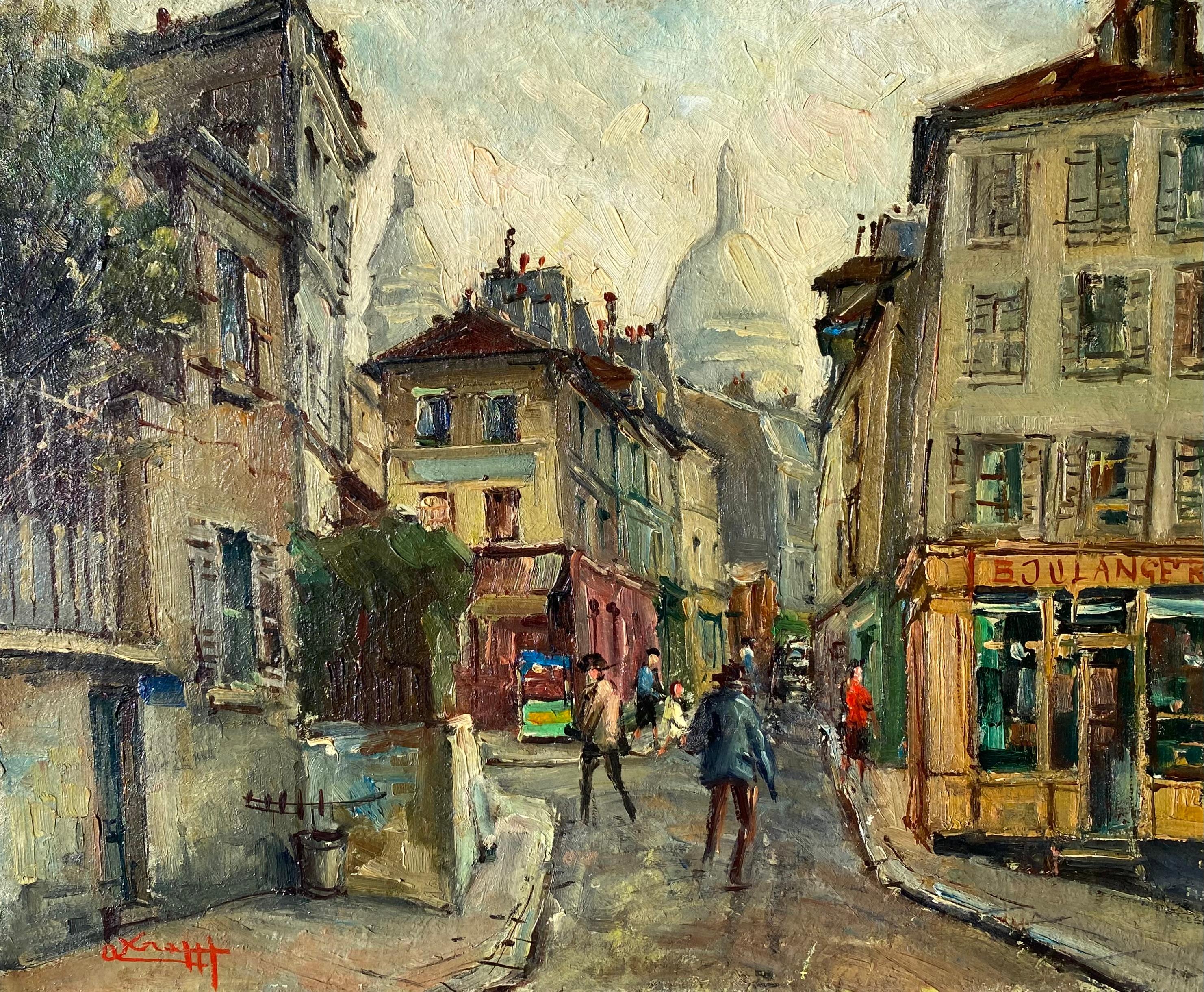 Montmartre, Rue Norvins und Sacre-Coeur – Painting von Andre Krafft
