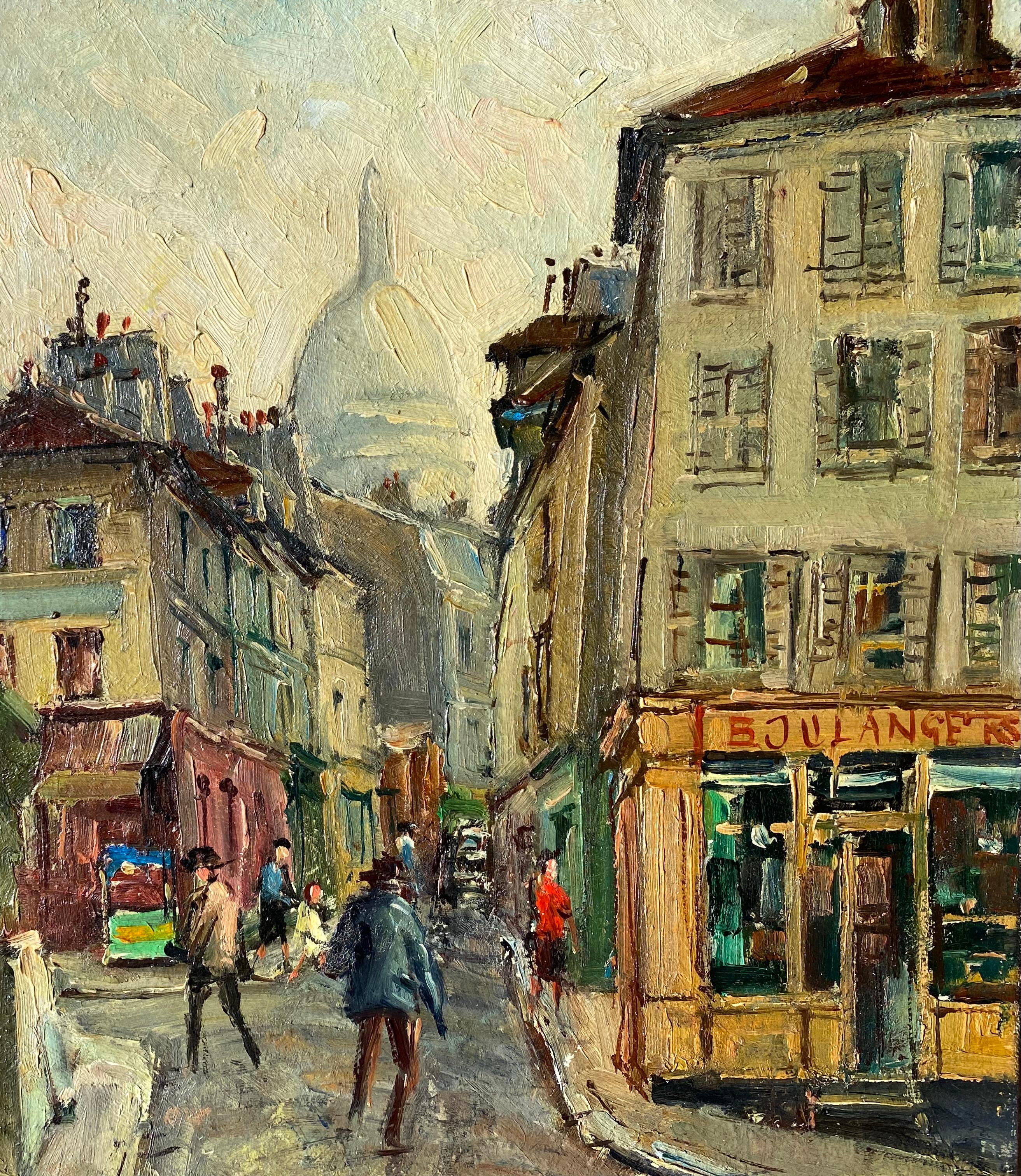 Sehr gut ausgeführtes Originalgemälde in Öl auf Leinwand mit einer belebten Straßenszene in Montmartre, Paris.  Der Schauplatz ist die Rue Norvins mit Sacre-Coeur im Hintergrund.  Signiert vom Künstler unten links. Verso auf dem Keilrahmen betitelt.