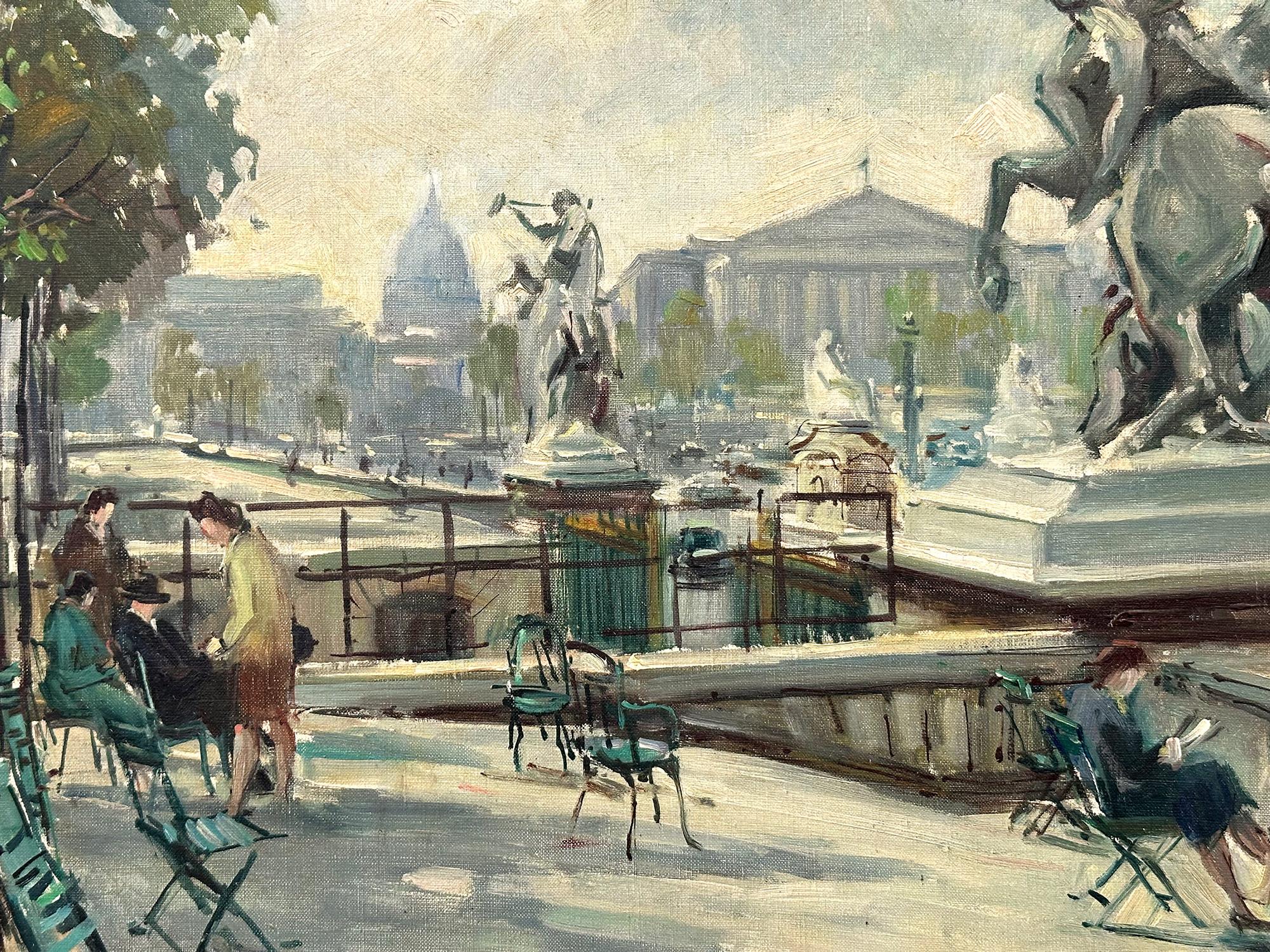 This painting depicts a tranquil outdoor scene set in a Paris near the Place de la Concord featuring a promenade with large equestrian statues prominently displayed. The statues, mounted on rearing horses, are positioned on elevated platforms and