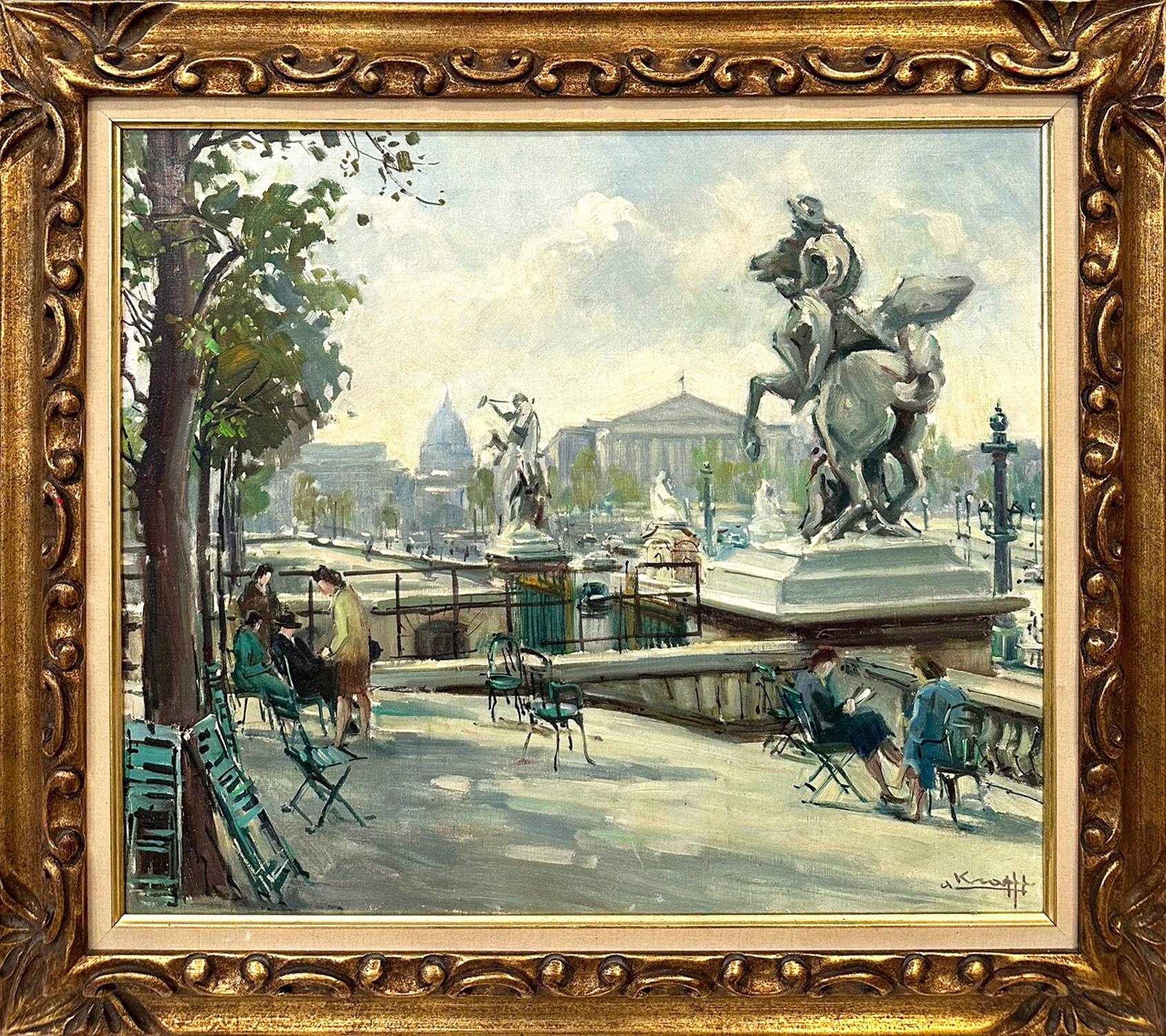 Andre Krafft Figurative Painting - "Near the Place de la Concord" Impressionist Oil Painting w Equestrian Statues
