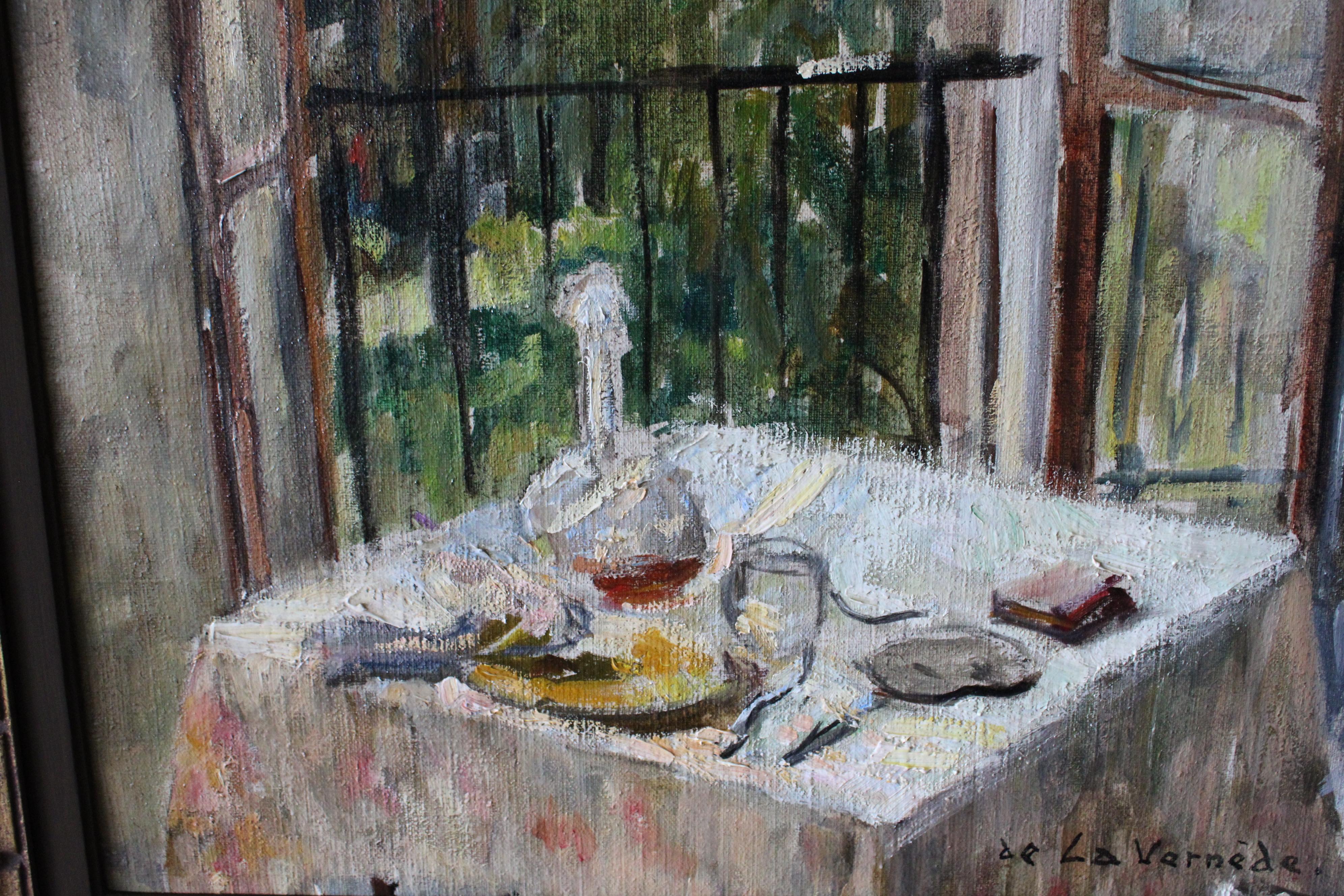 Vintage Französisch post-impressionistischen Interieur Balkon Ölgemälde auf Leinwand im Angebot 5