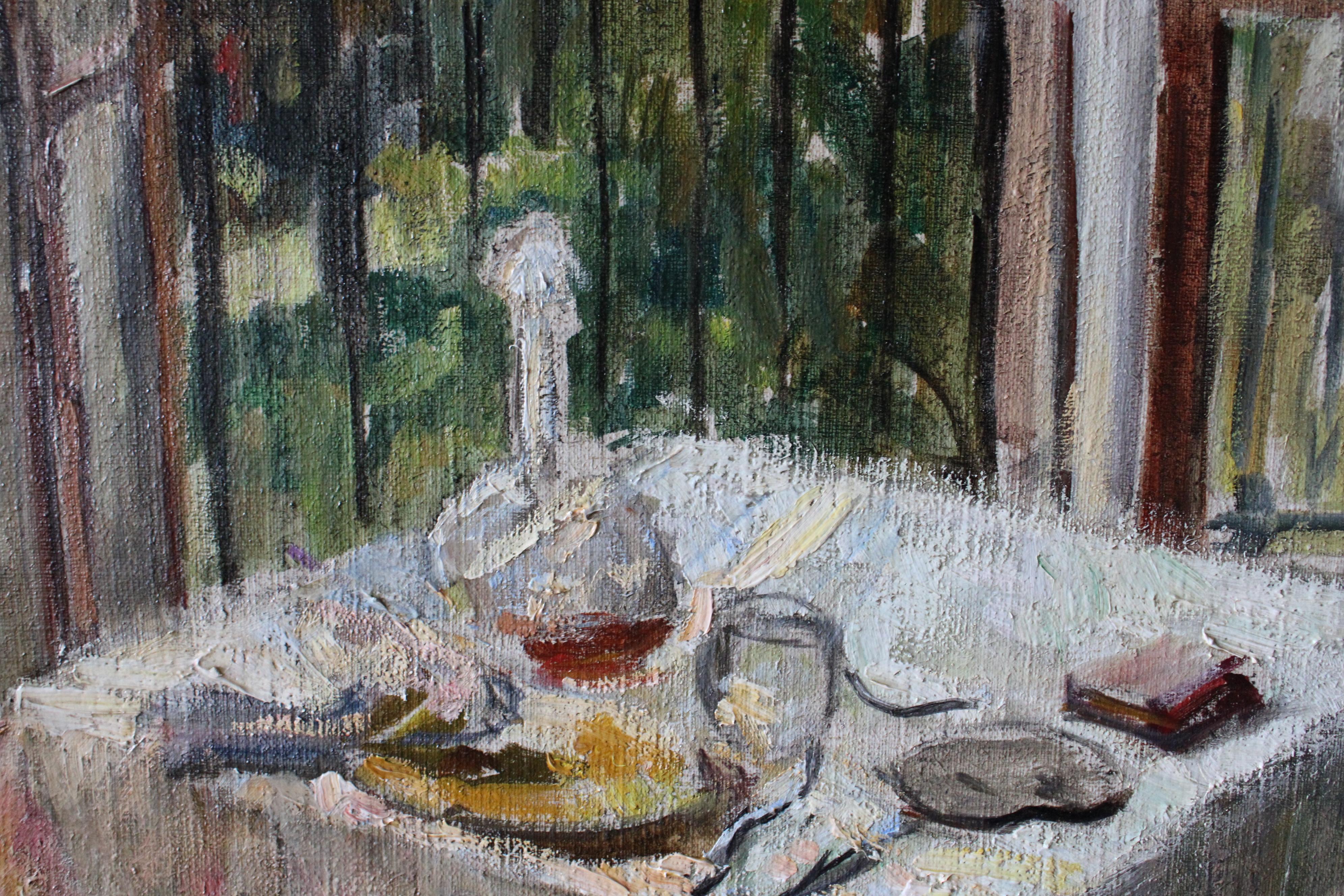 Vintage Französisch post-impressionistischen Interieur Balkon Ölgemälde auf Leinwand im Angebot 6