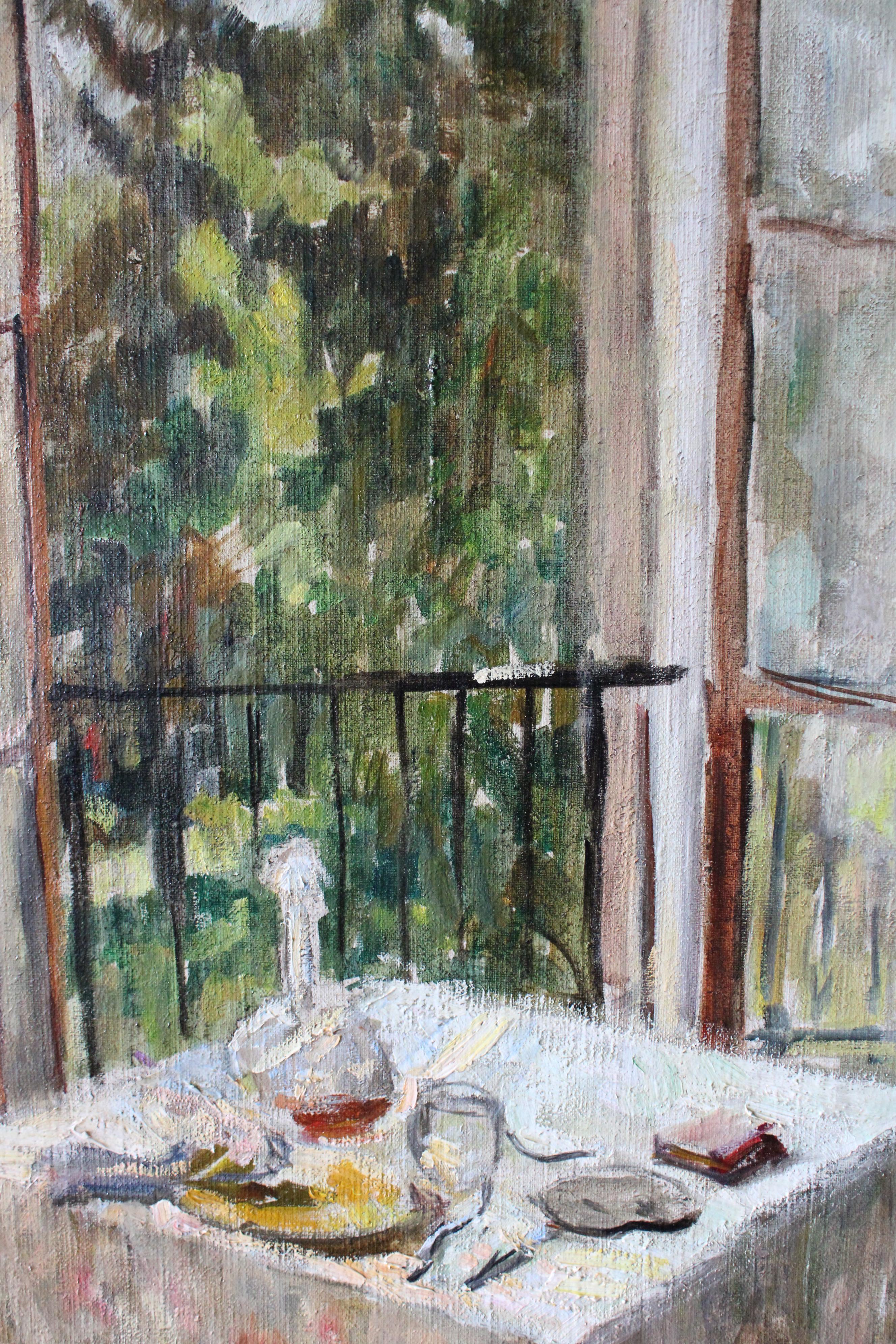 Vintage Französisch post-impressionistischen Interieur Balkon Ölgemälde auf Leinwand – Painting von Andre La Vernede