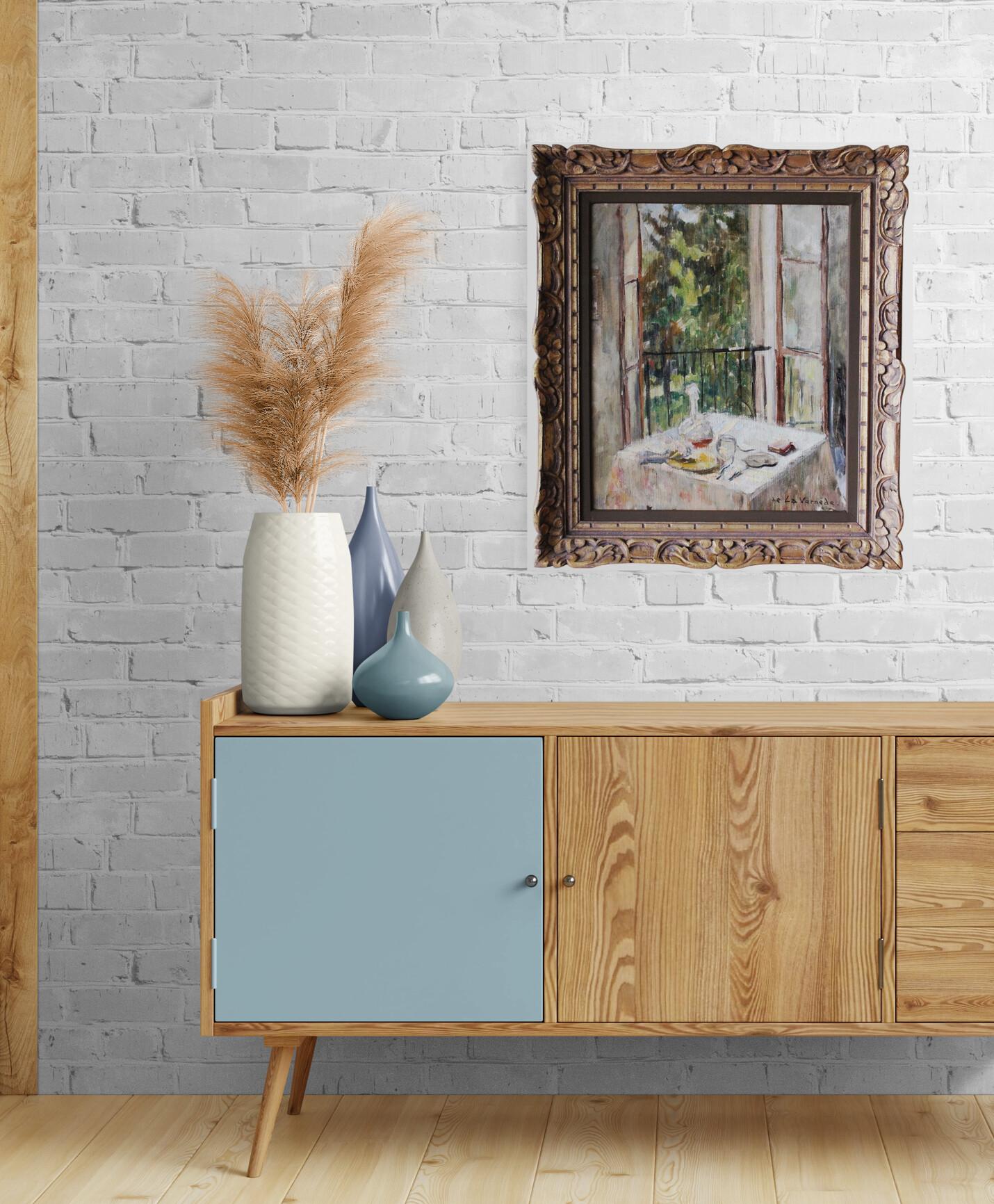 Vintage Französisch post-impressionistischen Interieur Balkon Ölgemälde auf Leinwand (Französische Schule), Painting, von Andre La Vernede