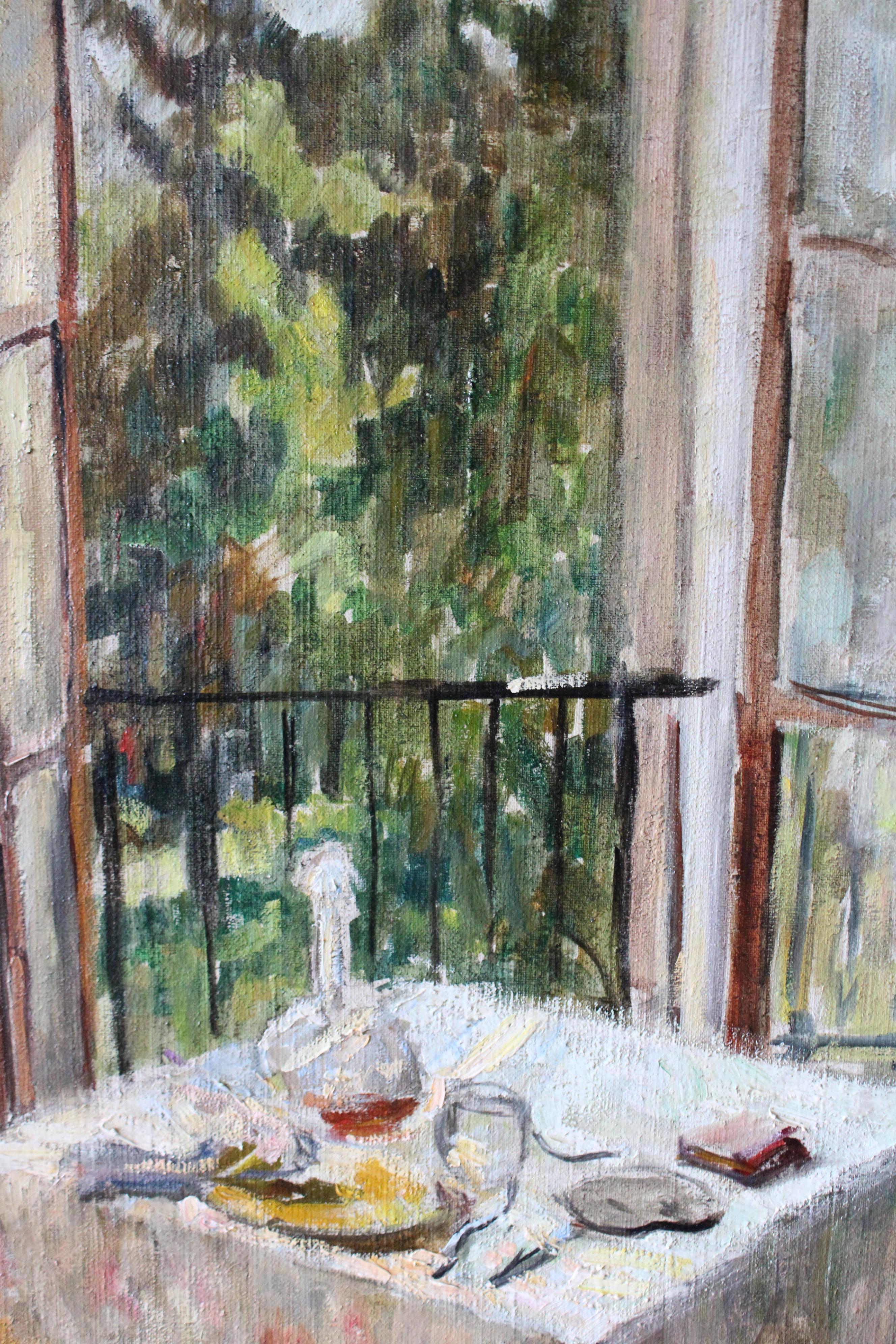 Vintage Französisch post-impressionistischen Interieur Balkon Ölgemälde auf Leinwand im Angebot 1