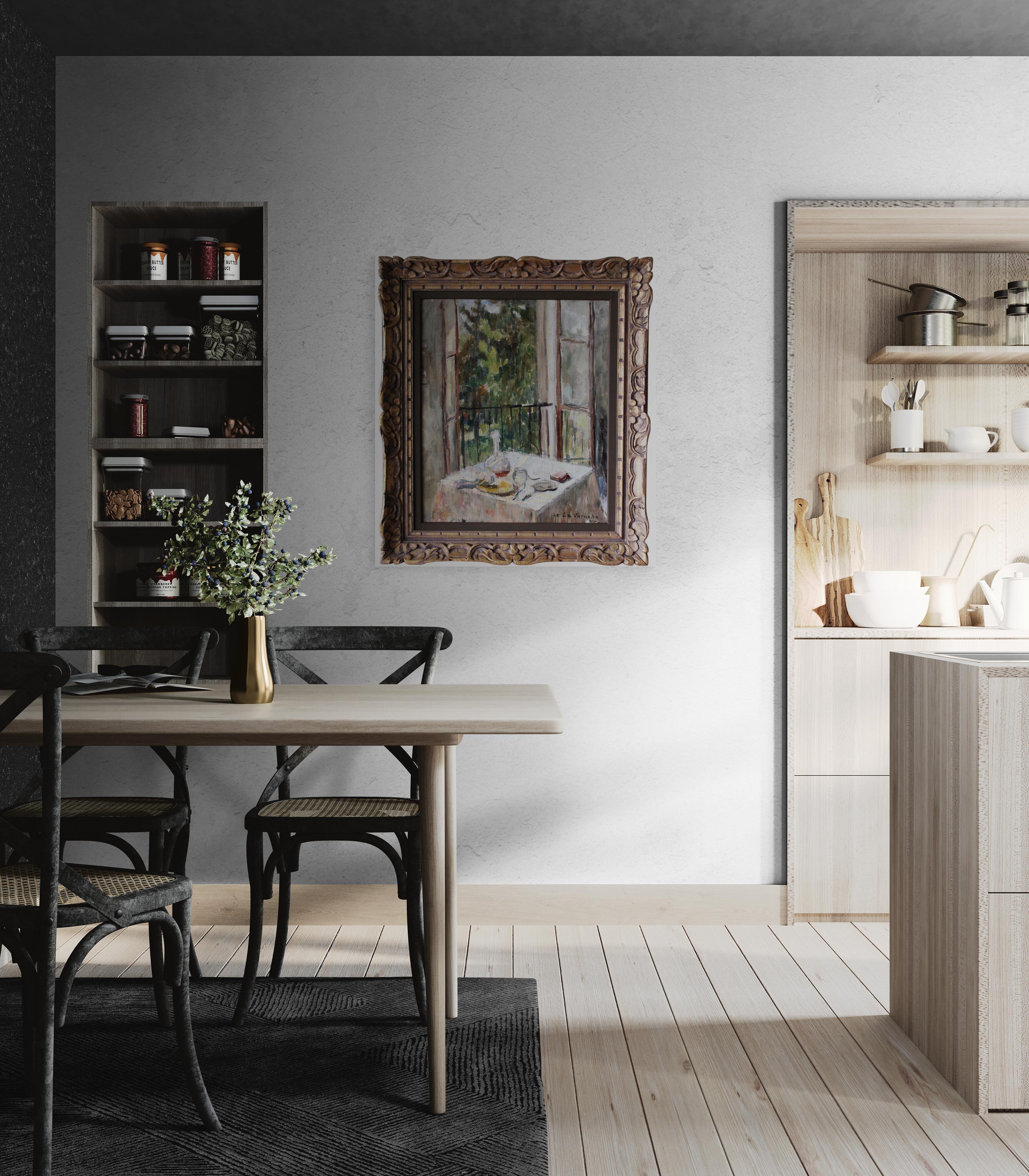 Vintage Französisch post-impressionistischen Interieur Balkon Ölgemälde auf Leinwand im Angebot 2