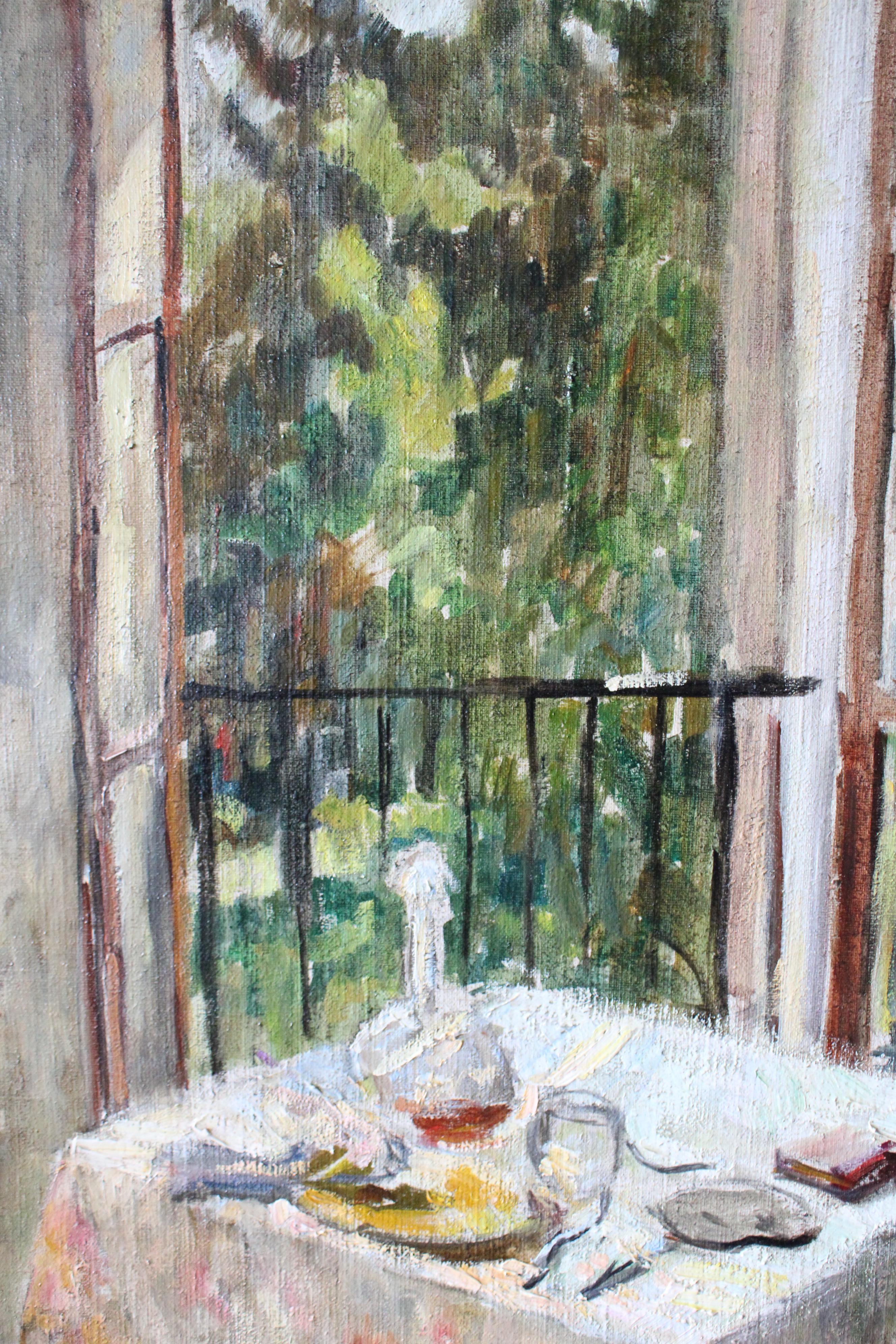 Vintage Französisch post-impressionistischen Interieur Balkon Ölgemälde auf Leinwand im Angebot 3