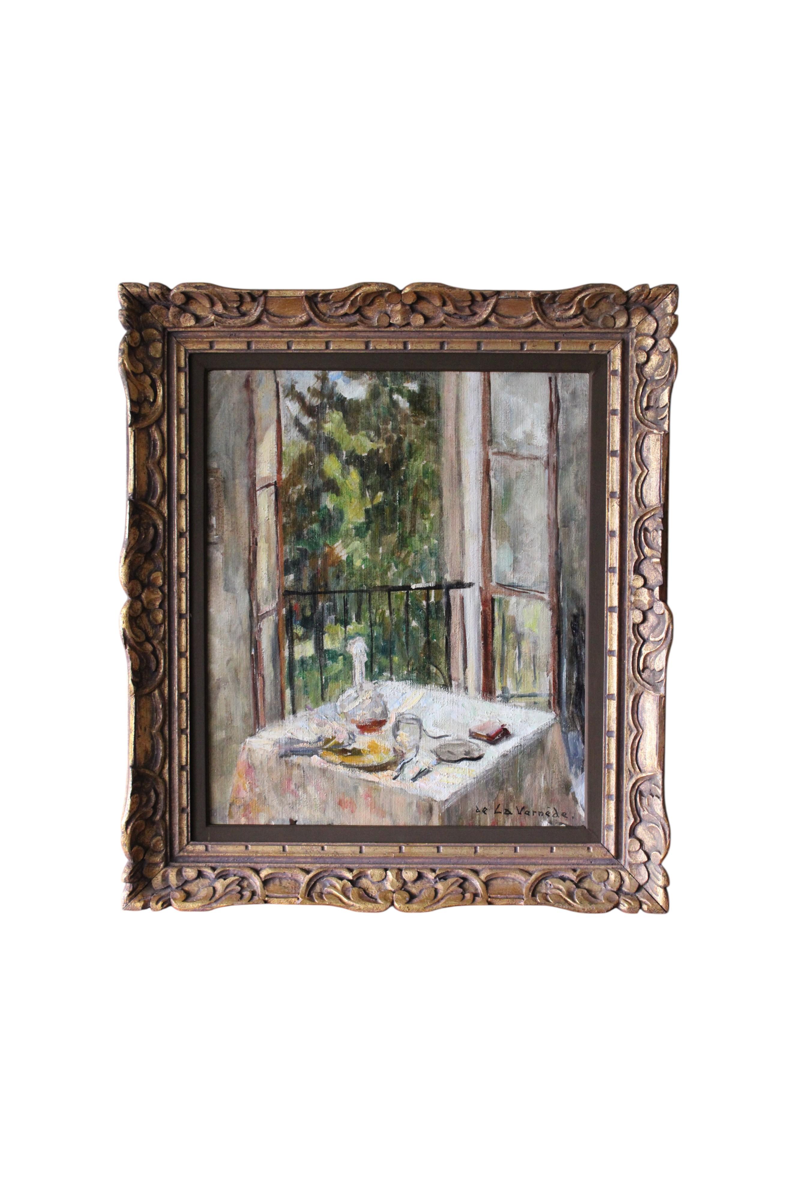 Andre La Vernede Still-Life Painting – Vintage Französisch post-impressionistischen Interieur Balkon Ölgemälde auf Leinwand