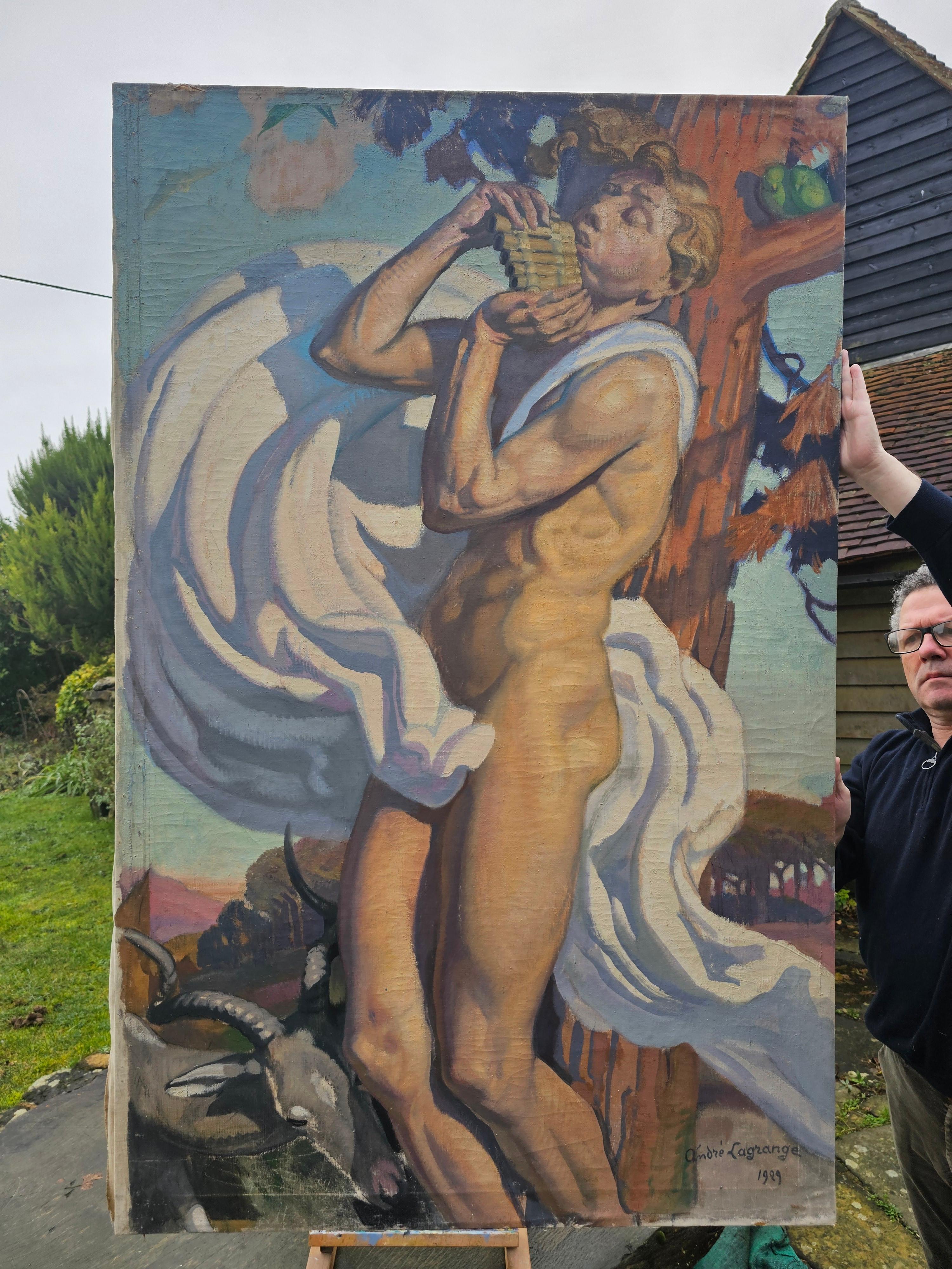Gran óleo original Art Déco de una bacanal desnuda, pintado en 1929 - Painting Art Decó de Andre Lagrange