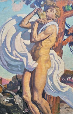Large original Art Deco oil painting of a nude bacchanalian, painted in 1929