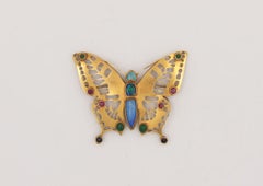 Andre Lamy Gold Butterfly Pin with Opal and Polychrome Gemstones