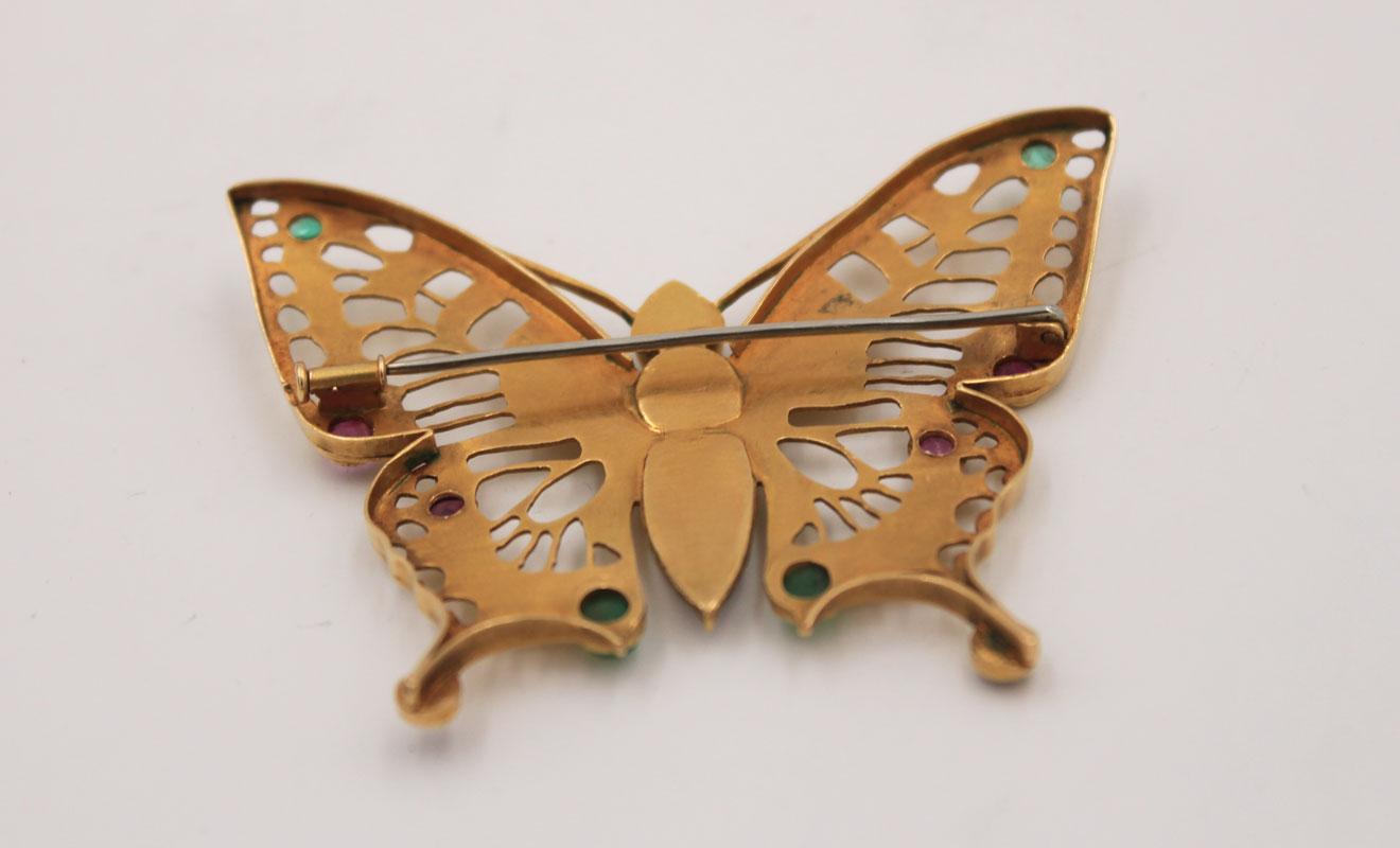 Modern Andre Lamy Gold Butterfly Pin with Opal and Polychrome Gemstones For Sale