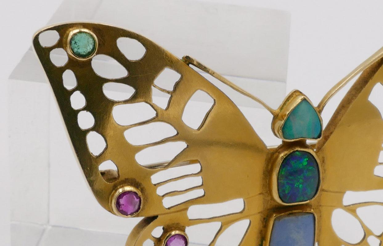 Women's or Men's Andre Lamy Gold Butterfly Pin with Opal and Polychrome Gemstones For Sale