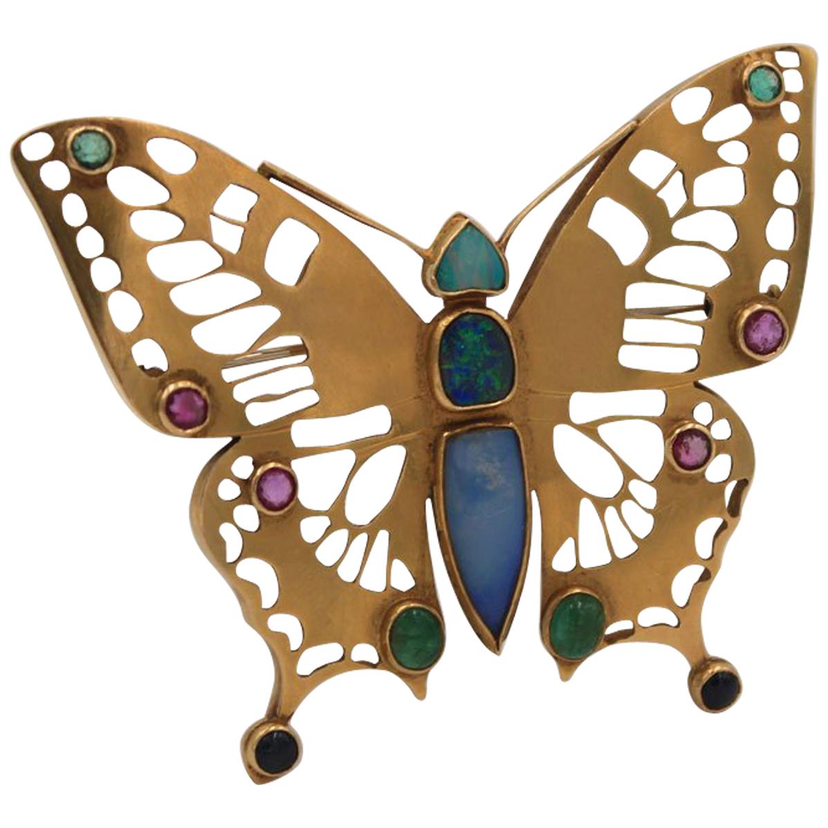 Andre Lamy Gold Butterfly Pin with Opal and Polychrome Gemstones For Sale