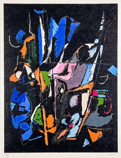 André Lanskoy, Abstract Expressionist Composition, Lithograph, pink blue & black
