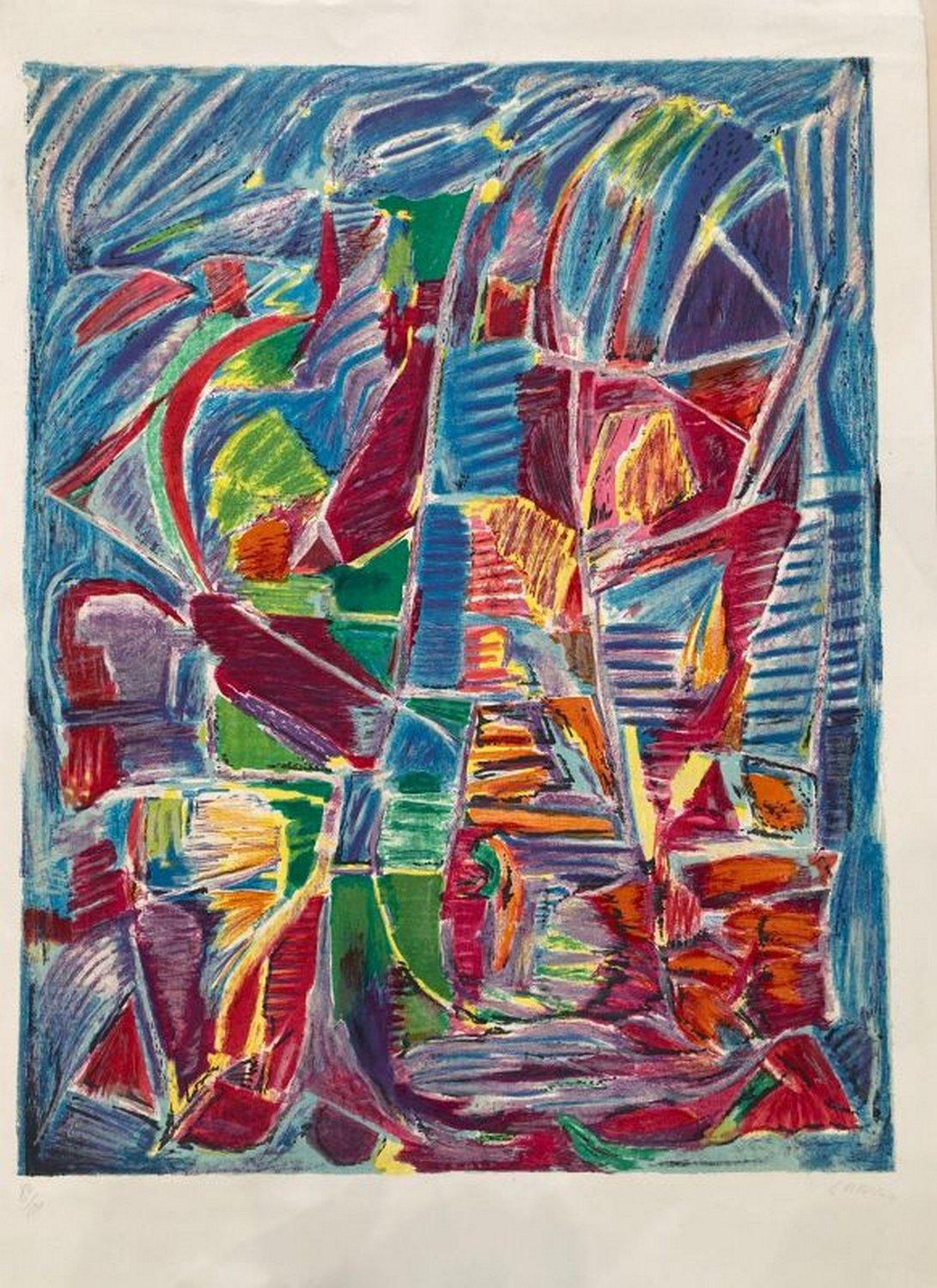 André Lanskoy Abstract Print - Composition fond bleu 