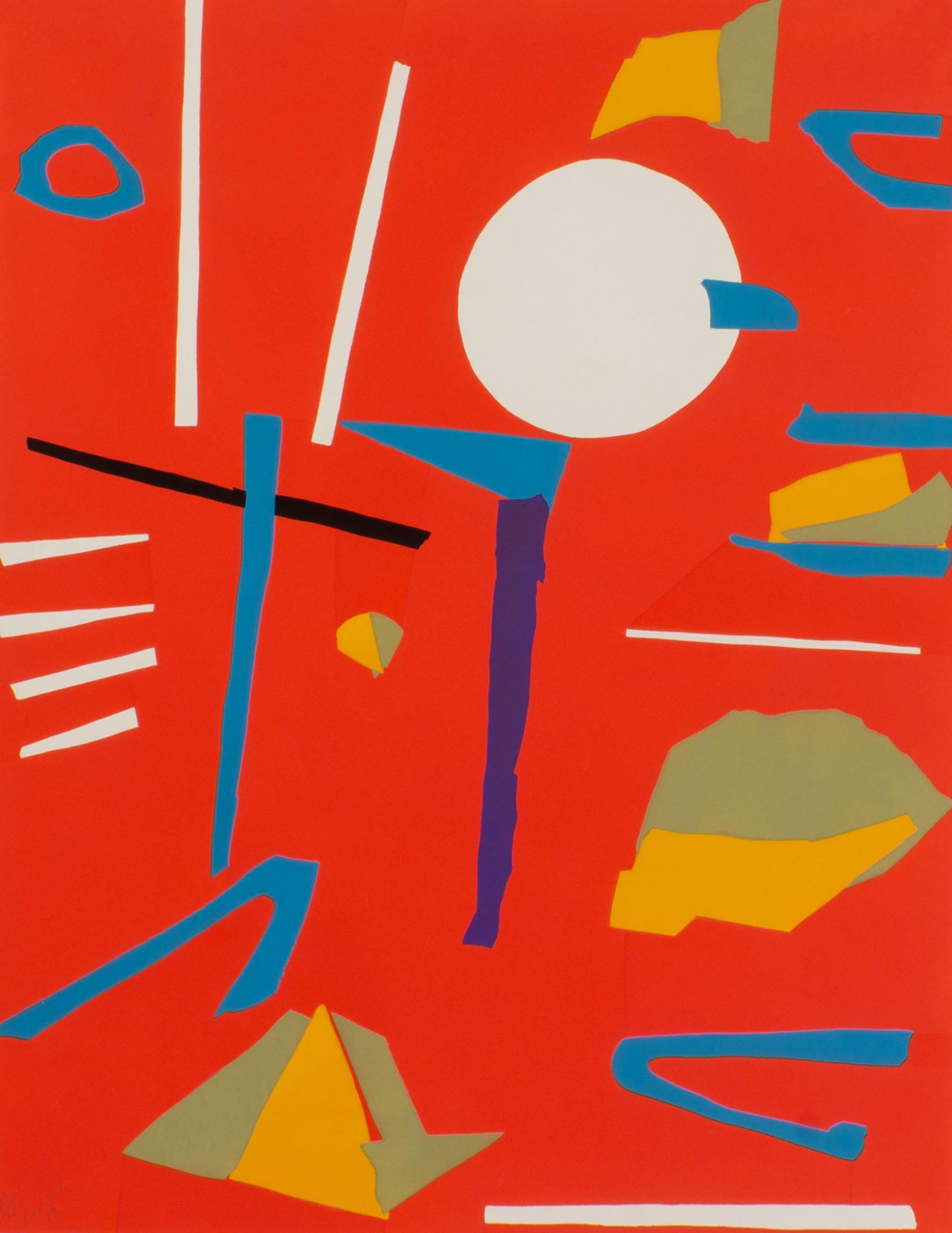 Sérigraphie abstraite à tirage limité de 1969 de l'artiste russe Andre Lanskoy (1902-1976). Signée en bas à gauche, cette pièce vibrante représente une composition remplie d'objets abstraits colorés flottant sur un fond rouge vif. La sérigraphie est