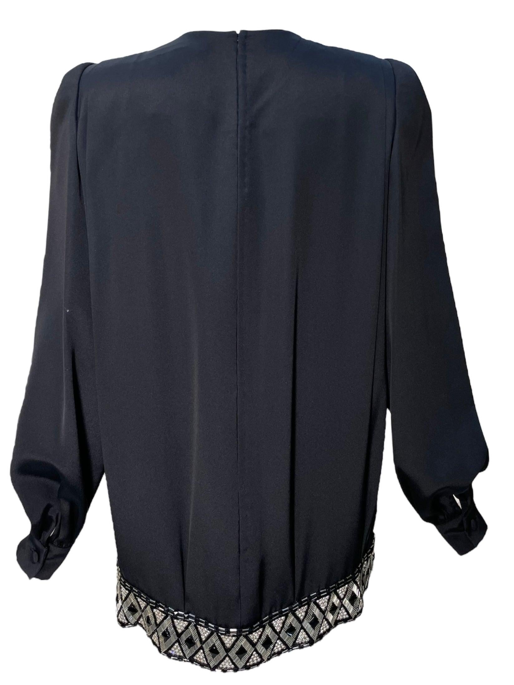André Laug Black Embellished Geometric Silk Tunic Mini Dress, 1980s In Excellent Condition For Sale In Los Angeles, CA