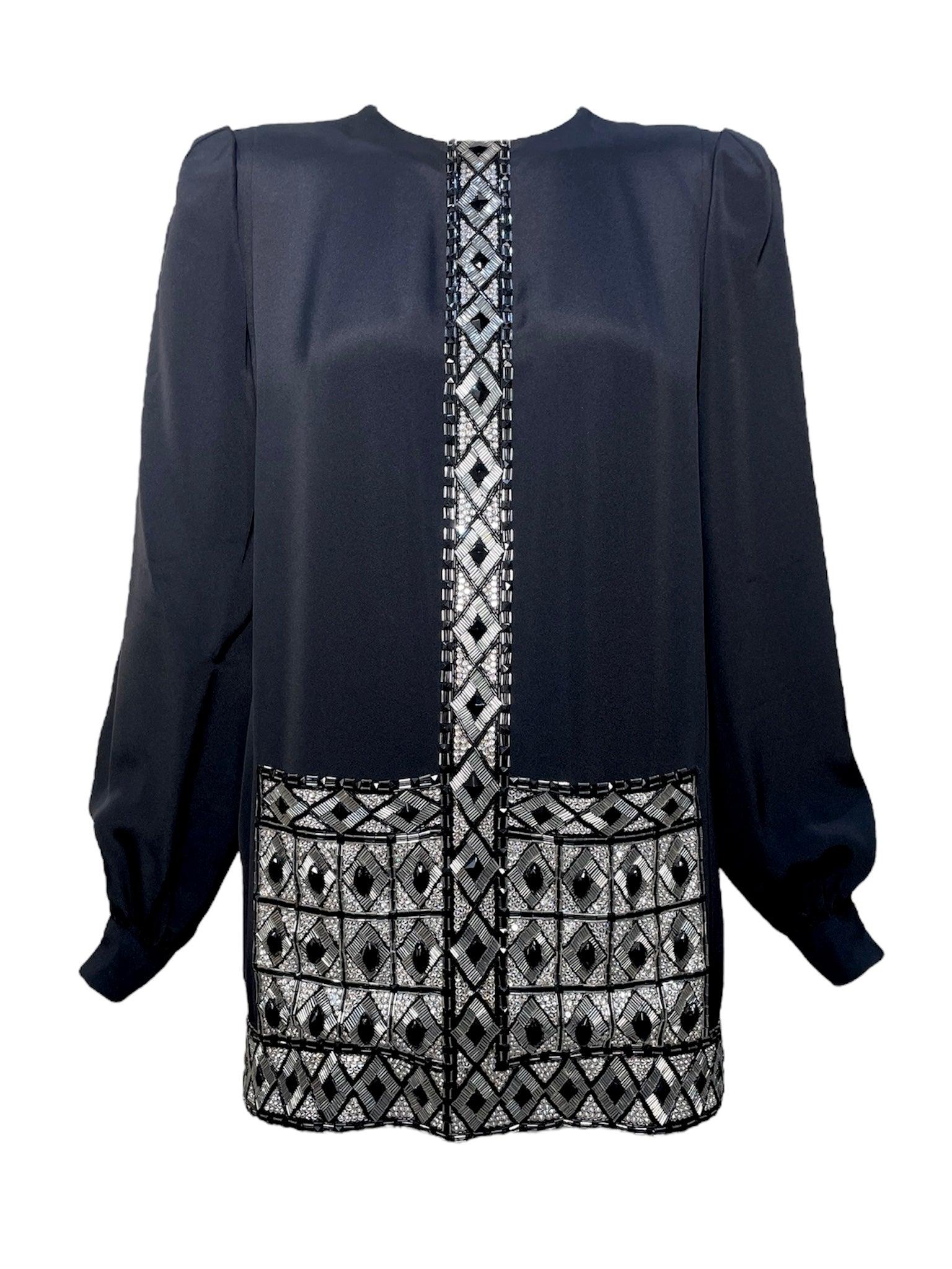 André Laug Black Embellished Geometric Silk Tunic Mini Dress, 1980s For Sale