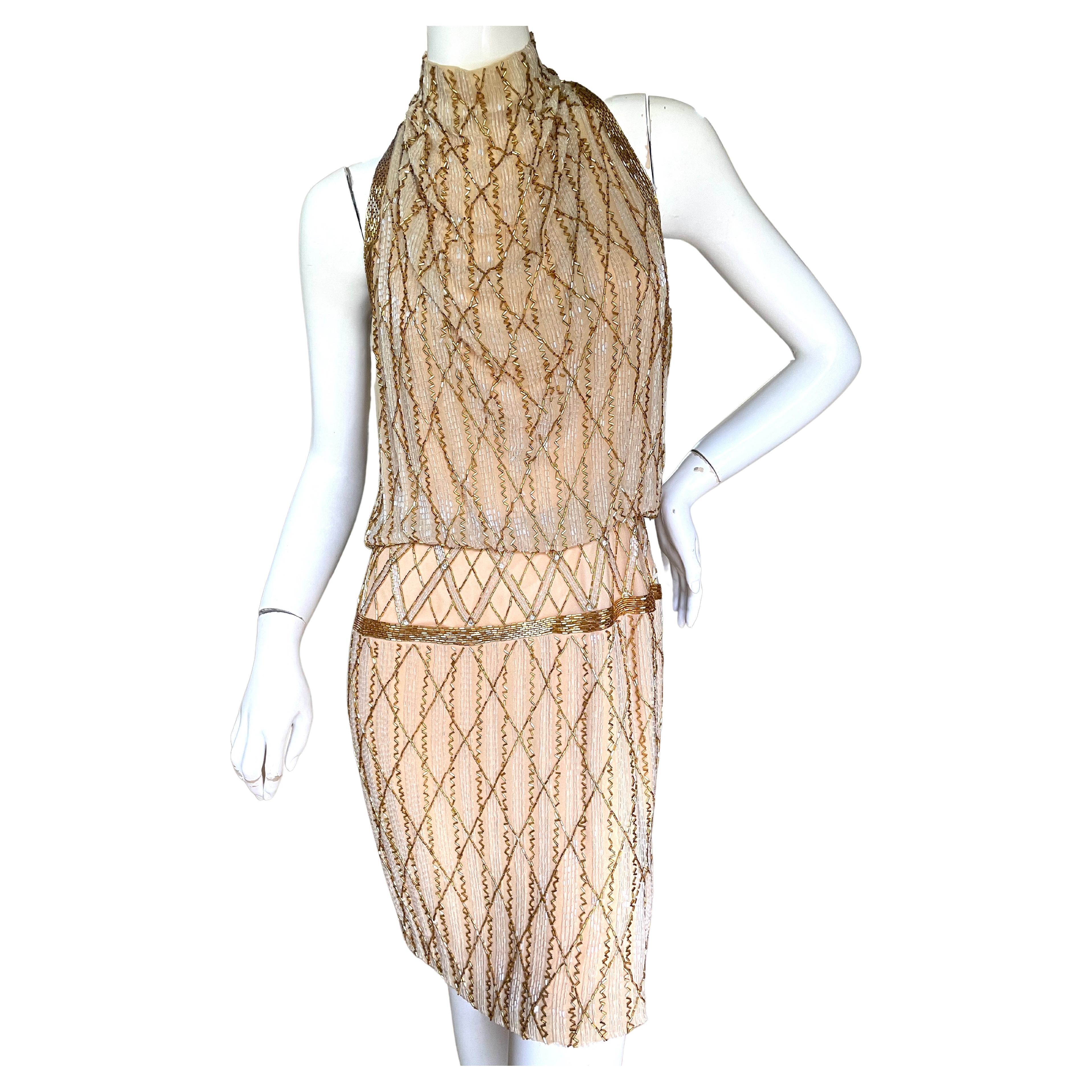 Andre Laug for Audrey Rome 1980's Gold Beaded Cocktail Dress   For Sale