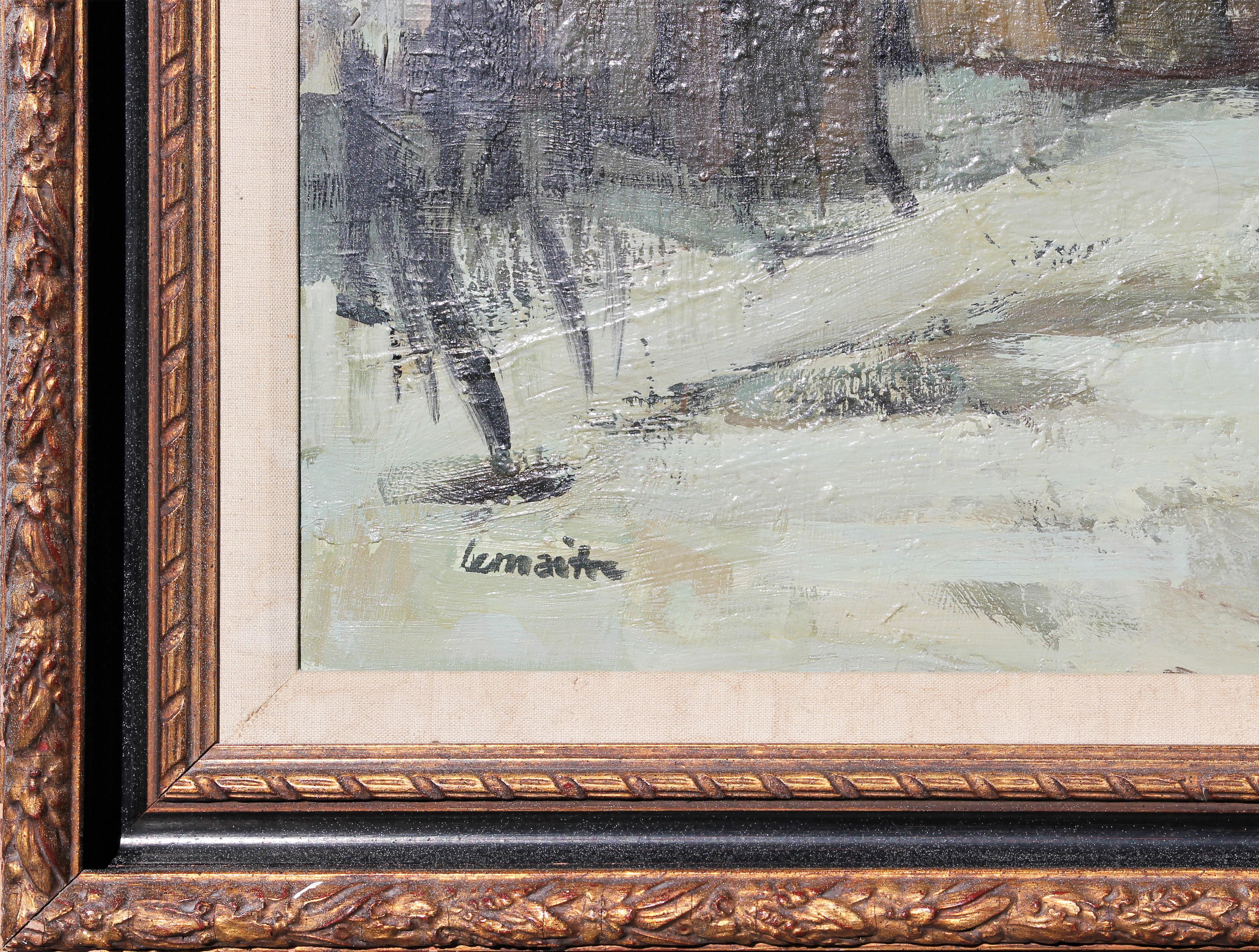 Impressionistische Landschaftsmalerei des französischen Künstlers André Lemaitre. Das Werk zeigt ein kleines Dorf auf dem Land, das von einer Schneedecke bedeckt ist. Vorne rechts unten vom Künstler signiert sowie rückseitig signiert, betitelt und