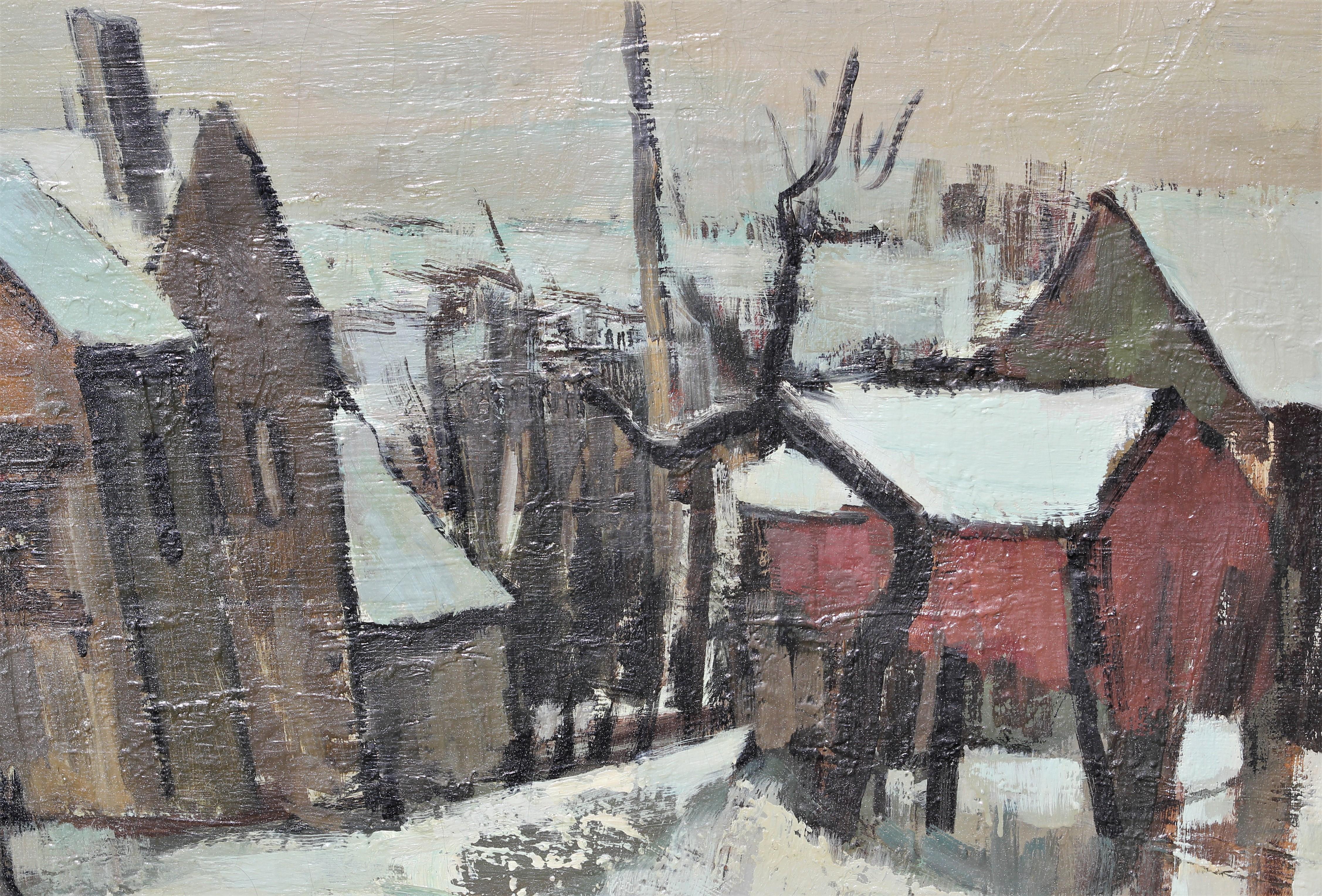 Paysage de neige Peinture impressionniste de paysage champêtre des neiges Paysage de neige - Gris Landscape Painting par André Lemaitre