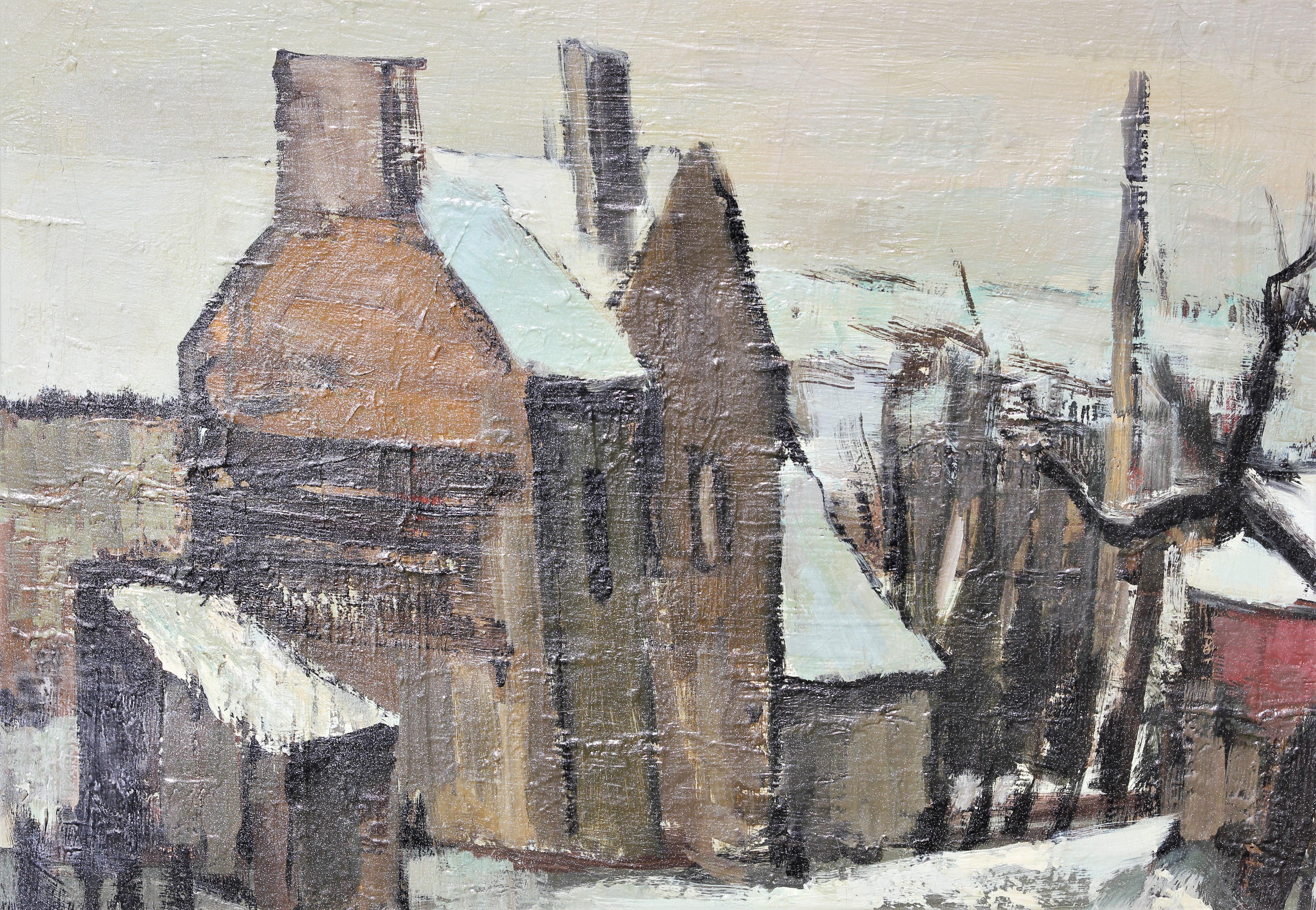 Peinture de paysage pastoral de style impressionniste de l'artiste français André Lemaitre. L'œuvre représente un petit village de campagne recouvert d'une couche de neige. Signé par l'artiste dans le coin inférieur droit au recto ainsi que signé,