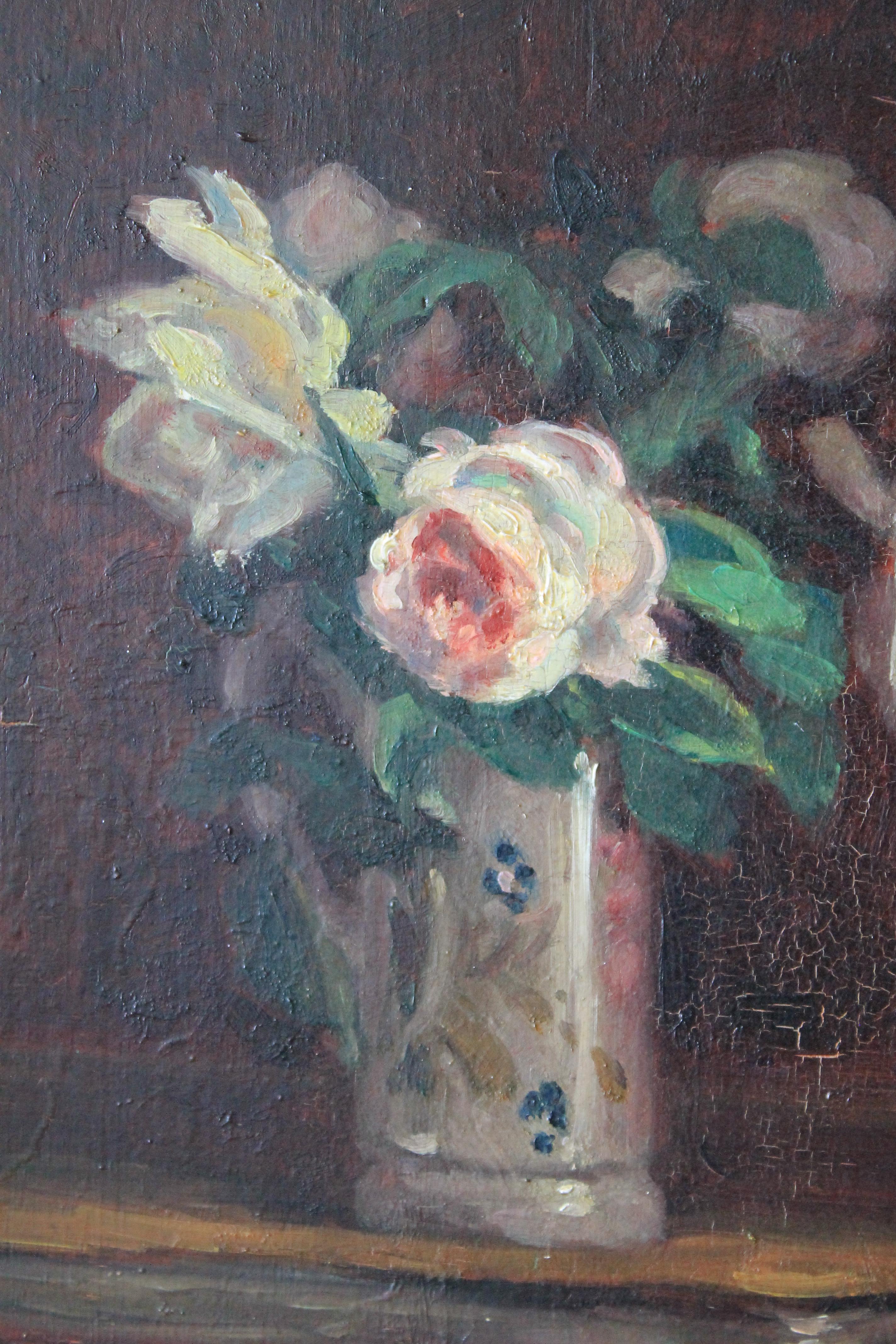 Antique pittura ad olio di nature morte di rose di un artista francese,  Andre Leon Albertin - Painting di Andre Leon Albertin 