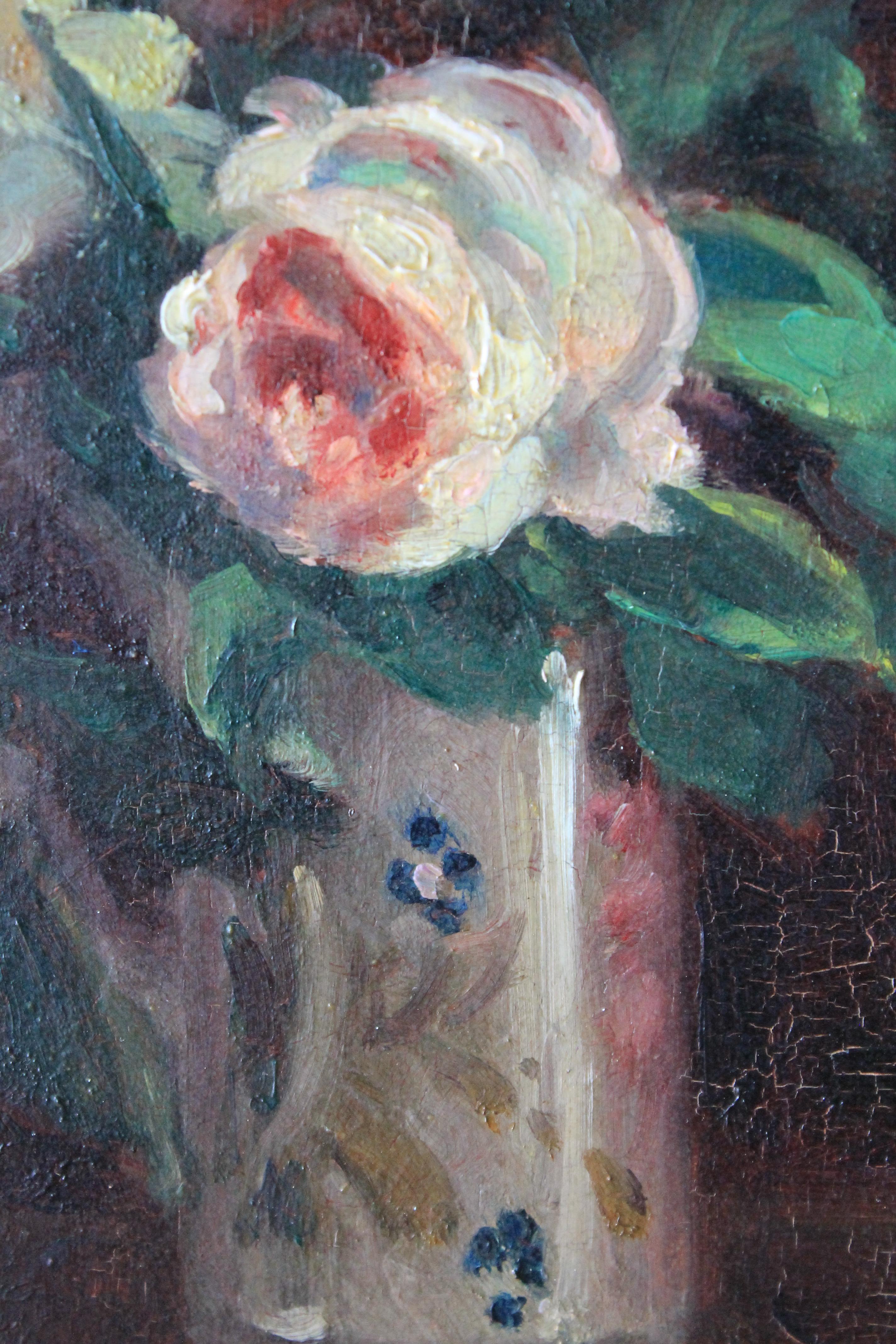 Antique pittura ad olio di nature morte di rose di un artista francese,  Andre Leon Albertin 1